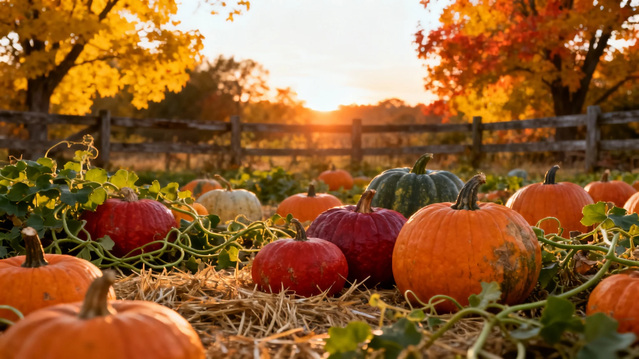 A photorealistic image of a vibrant pumpkin patch at sunset, with numerous pumpkins on hay and autumn trees in the background, presented on a white background.