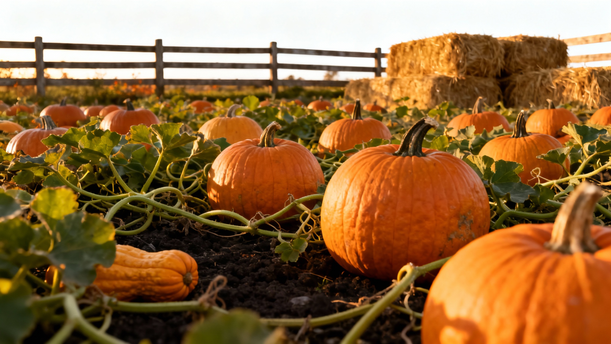 A beautiful, photorealistic image of a pumpkin patch at sunset, filled with various orange pumpkins and hay bales, depicted as a background.