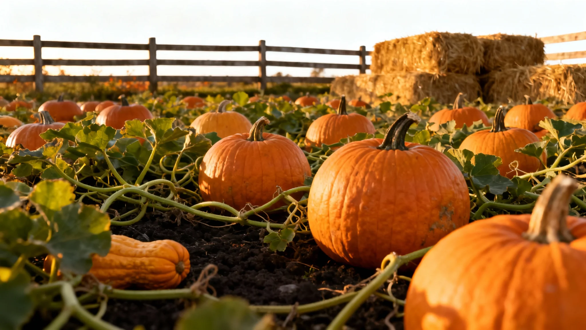 A beautiful, photorealistic image of a pumpkin patch at sunset, filled with various orange pumpkins and hay bales, depicted as a background.