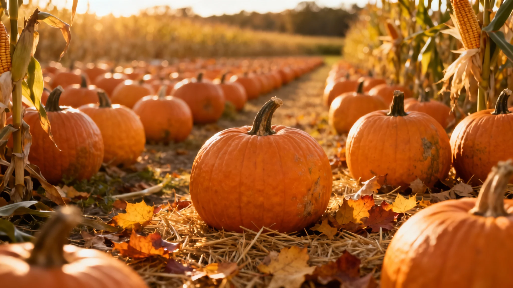 A scenic view of a pumpkin patch at sunset, with numerous orange pumpkins scattered across a field under a warm, golden sky.
