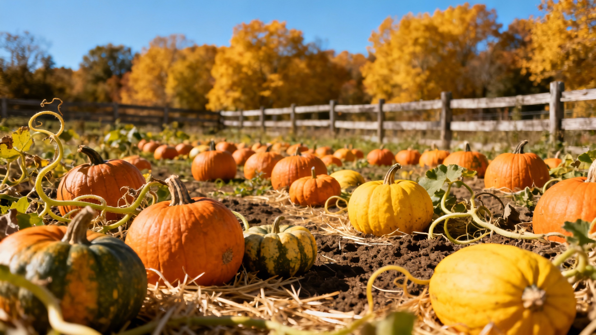 A vibrant pumpkin patch on a sunny autumn day, with numerous pumpkins of various sizes and colors scattered on the ground in the foreground.