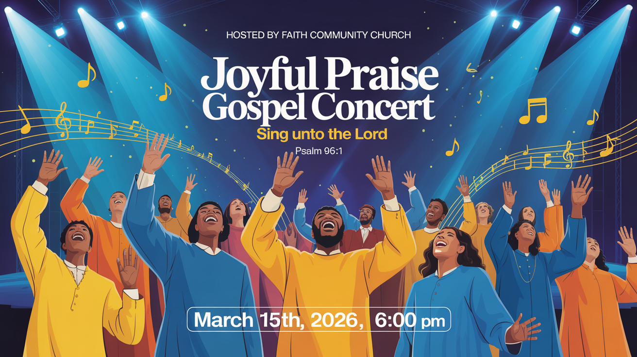 A professionally designed flyer for the 'Joyful Praise Gospel Concert' on March 15th, 2026. The design is vibrant, with yellow and blue colors, and features photos of a choir singing.