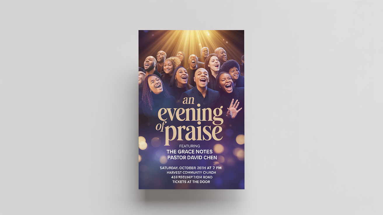 A vibrant gospel concert flyer mockup for 'An Evening of Praise'. The design features a joyful choir under golden light, with event details clearly visible. The flyer is shown against a plain white background.