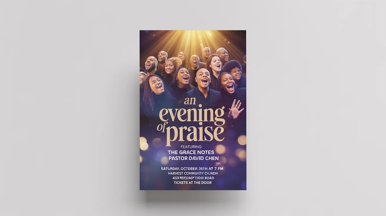 A vibrant gospel concert flyer mockup for 'An Evening of Praise'. The design features a joyful choir under golden light, with event details clearly visible. The flyer is shown against a plain white background.