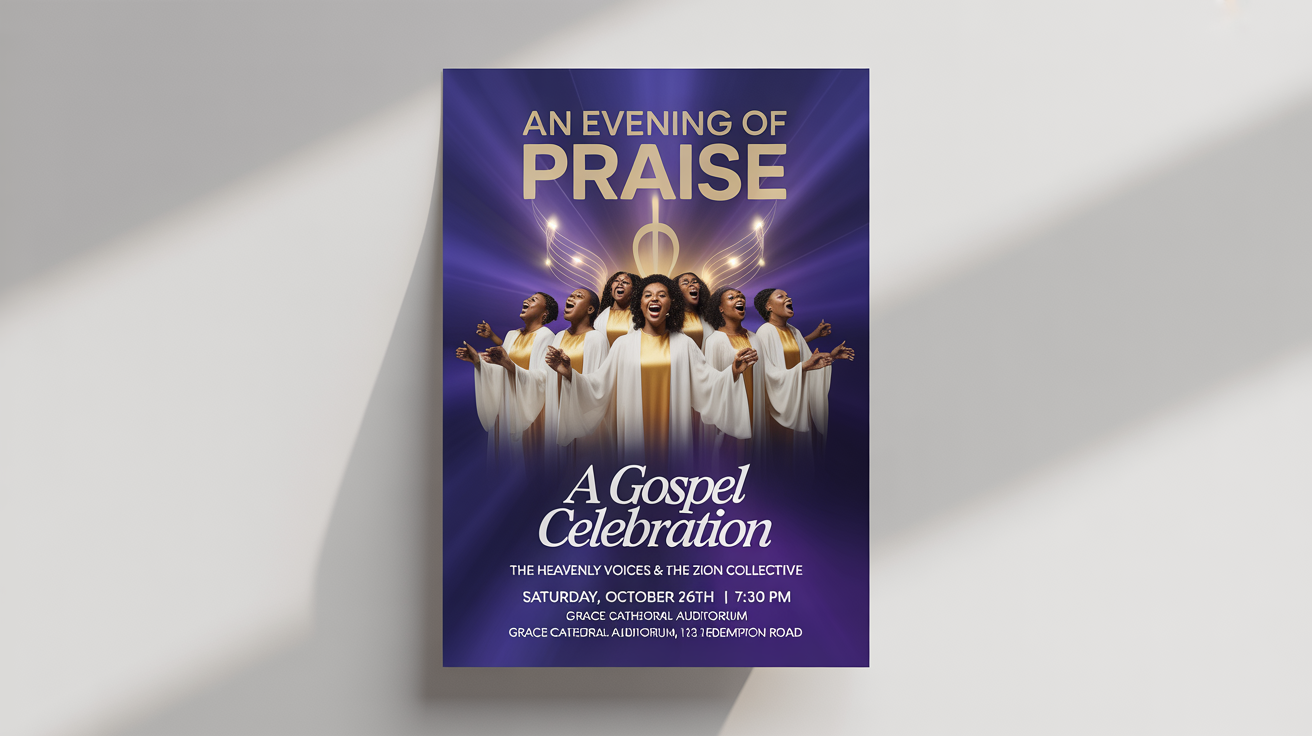 A mockup of a modern gospel concert flyer for an event called 'An Evening of Praise'. The design features a photo of a choir, with gold and white text on a purple background with golden light rays, all on a white surface.