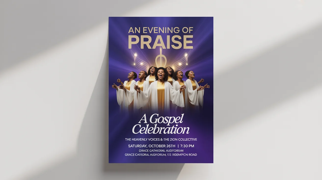 A mockup of a modern gospel concert flyer for an event called 'An Evening of Praise'. The design features a photo of a choir, with gold and white text on a purple background with golden light rays, all on a white surface.