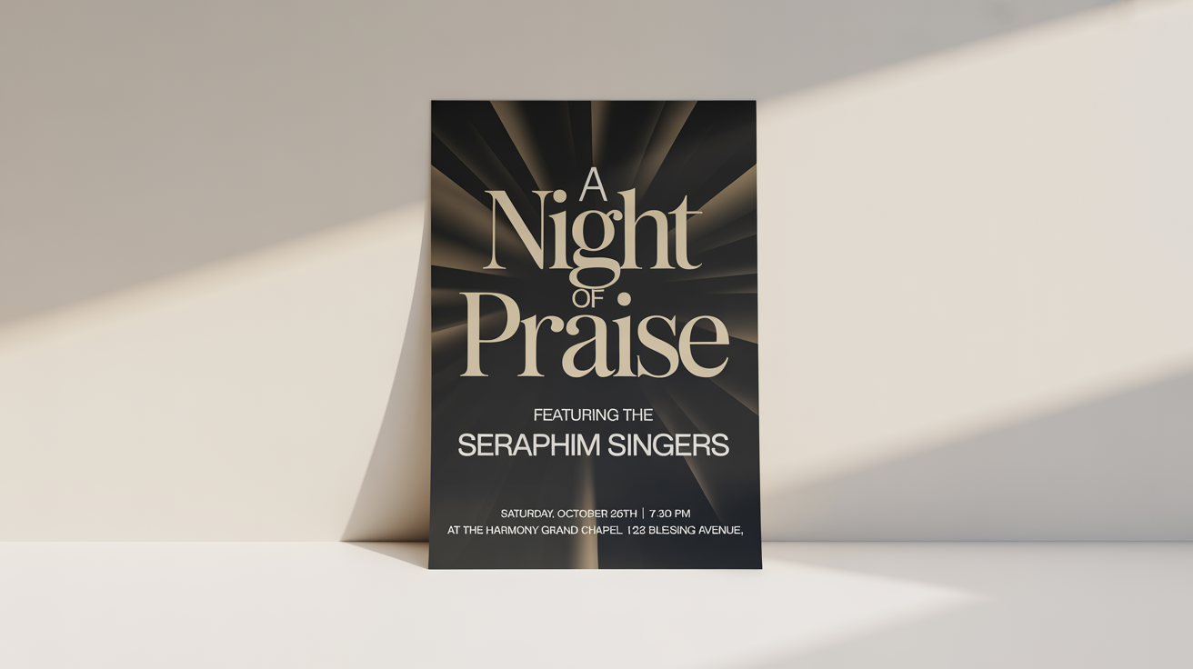 A mockup of a modern and elegant gospel concert flyer for an event titled 'A Night of Praise', set against a plain white background.