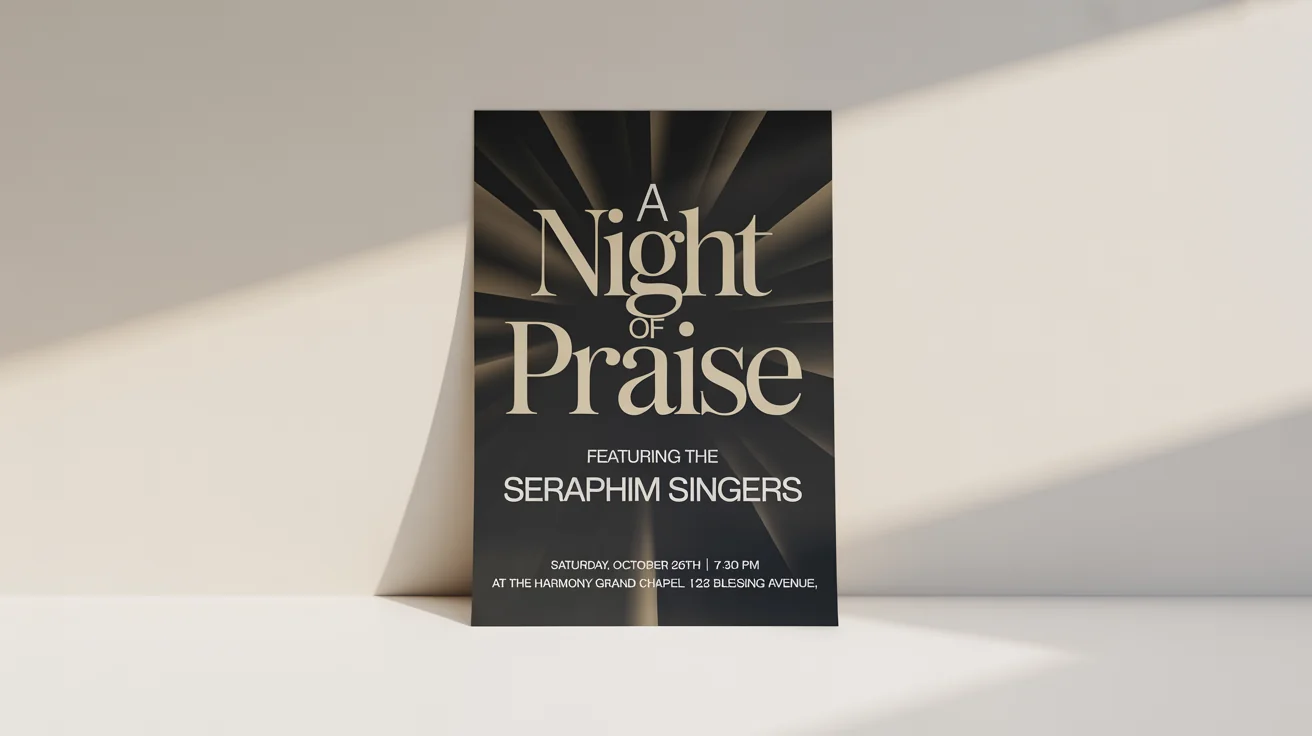 A mockup of a modern and elegant gospel concert flyer for an event titled 'A Night of Praise', set against a plain white background.