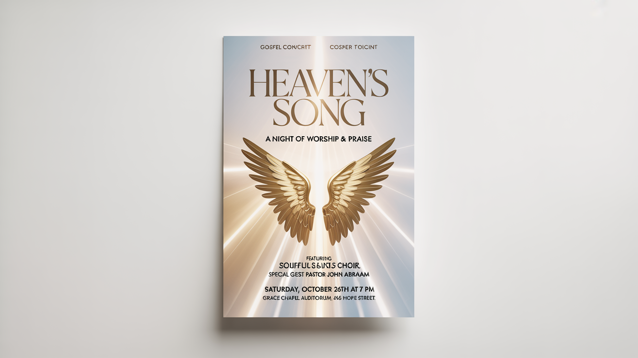 A modern gospel concert flyer mockup on a white background. The flyer, titled 'HEAVEN'S SONG,' features golden ethereal wings against a dark blue and purple celestial background with light rays. The text includes fictional artist names and event details.