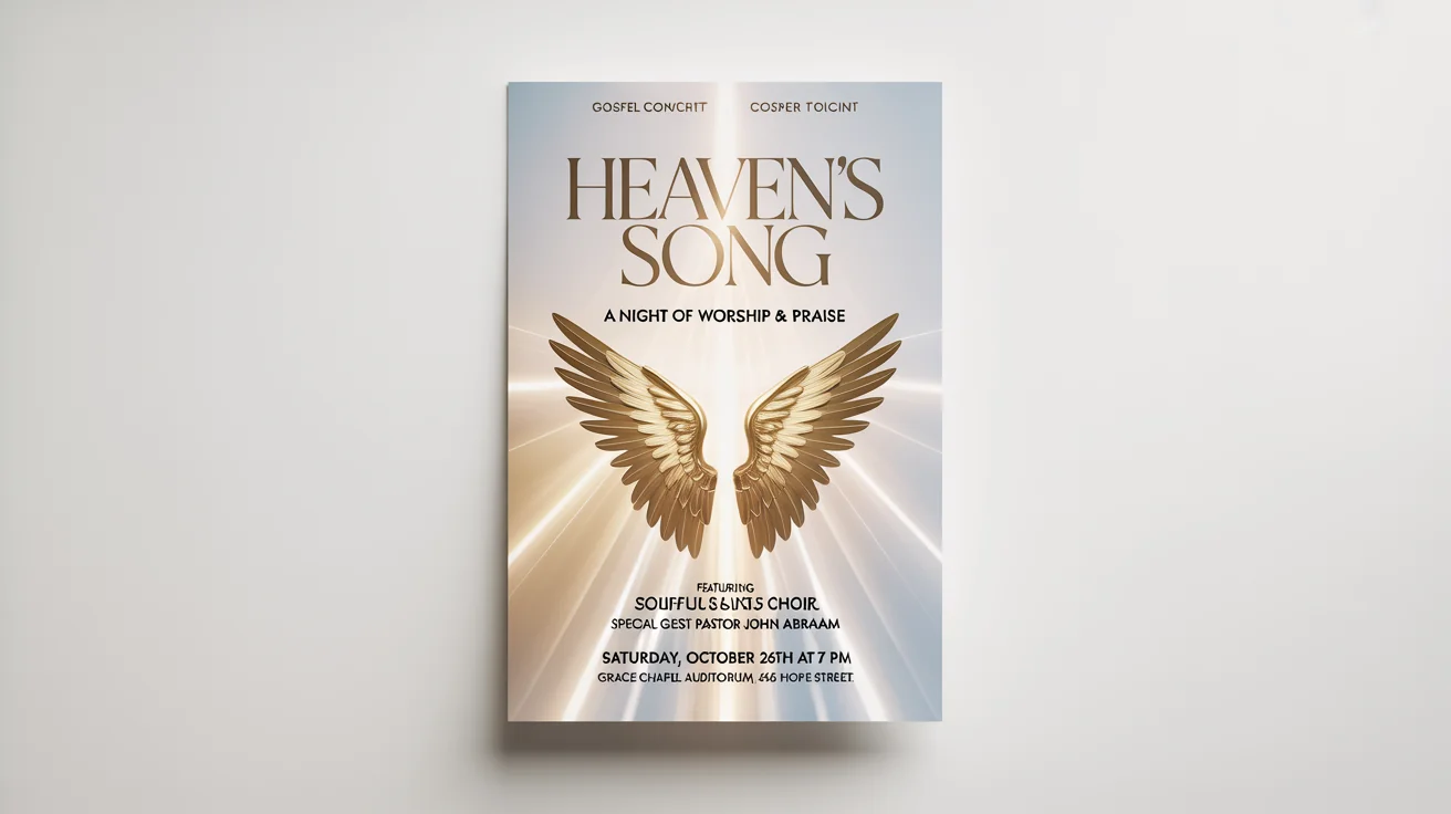 A modern gospel concert flyer mockup on a white background. The flyer, titled 'HEAVEN'S SONG,' features golden ethereal wings against a dark blue and purple celestial background with light rays. The text includes fictional artist names and event details.