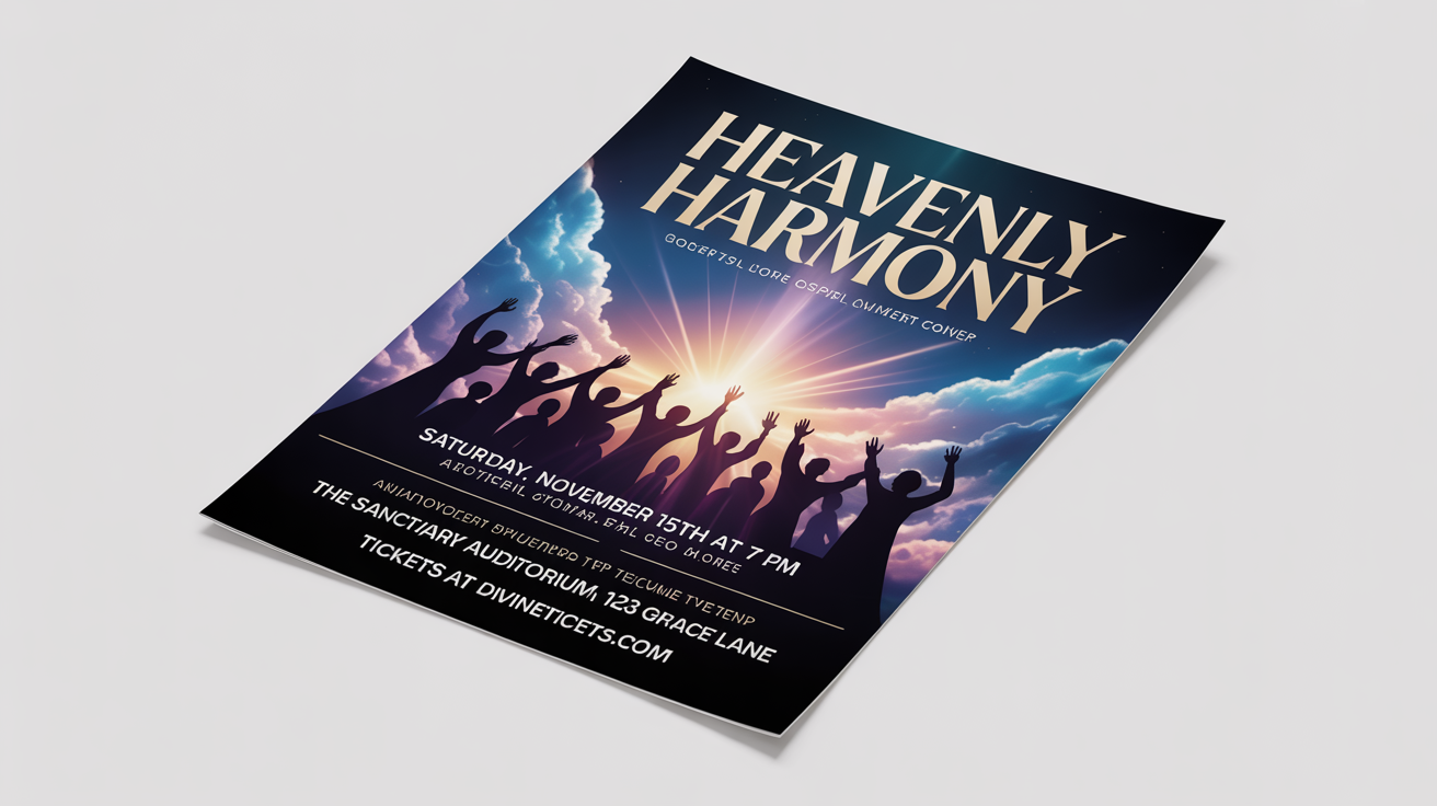 A mockup of a gospel concert flyer titled 'Heavenly Harmony' against a white background. The flyer has a blue and purple cloudy background with light rays, a silhouette of a choir, and event details in gold and white text.