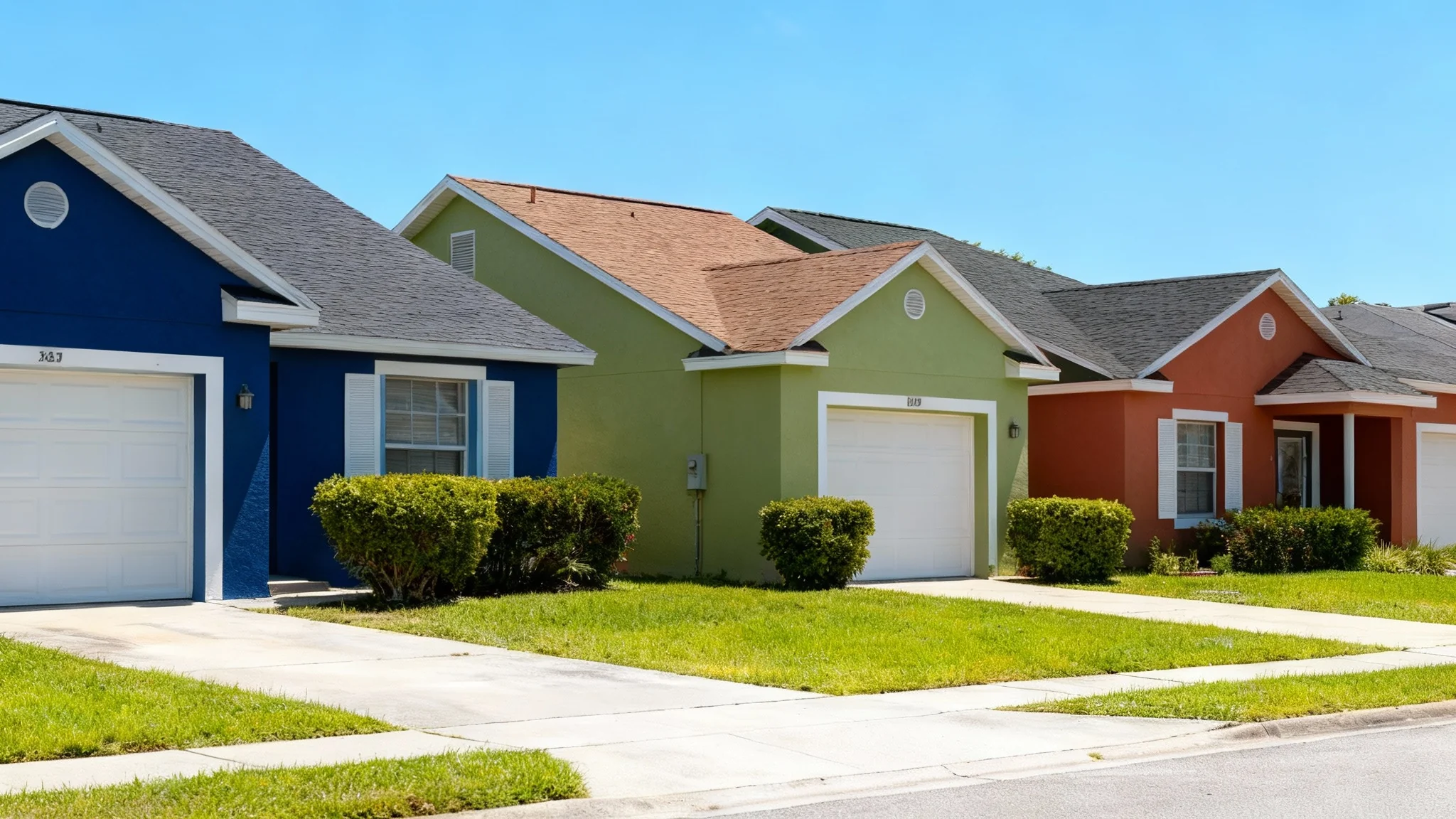 A modern suburban house demonstrating a paint visualizer tool, with its exterior walls divided into three sections showing different color options: naval blue, sage green, and warm terracotta.