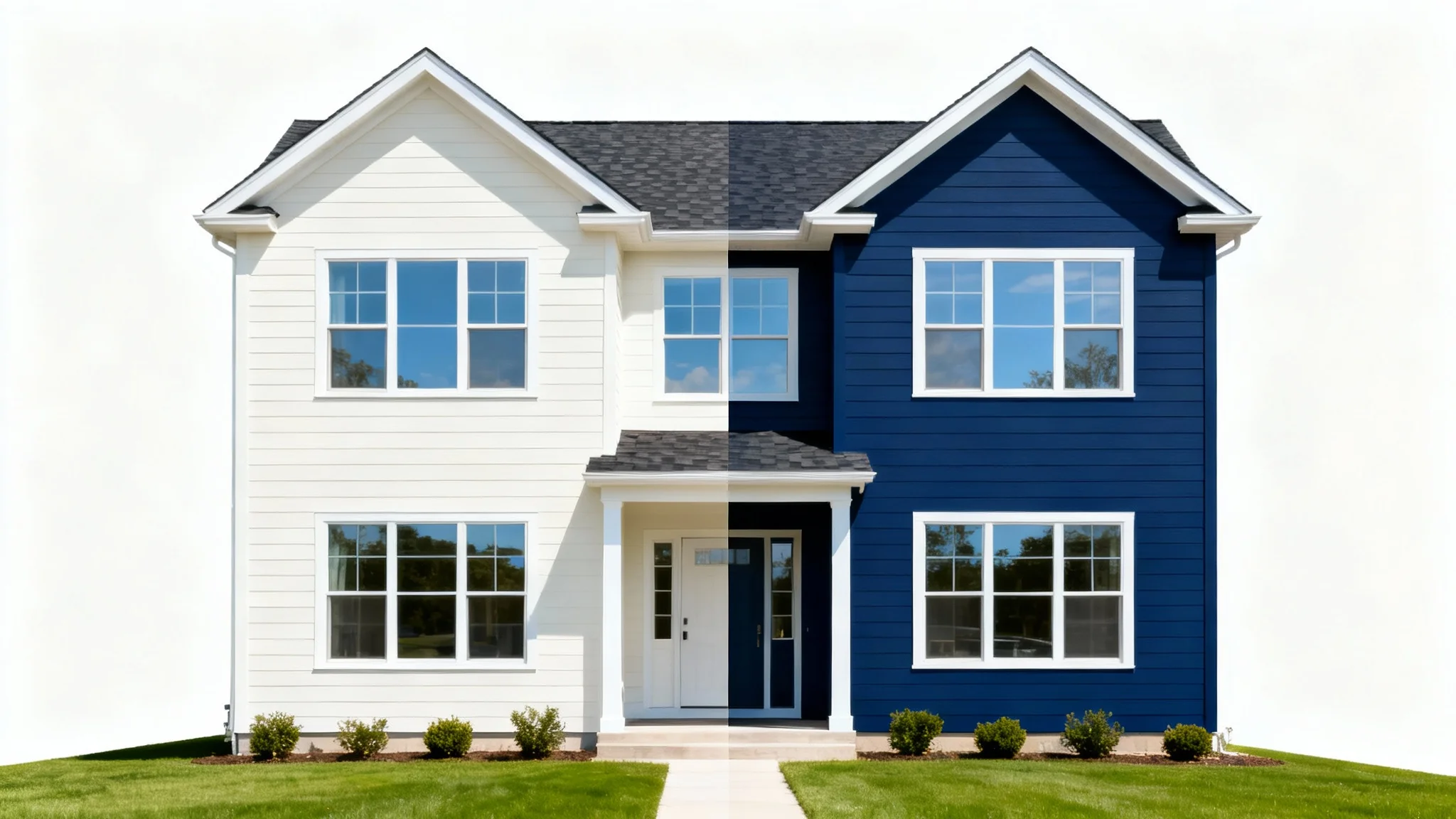 A suburban house shown on a white background, with the exterior split into two colors: one half is traditional off-white, and the other half is modern navy blue, illustrating an exterior paint visualizer.