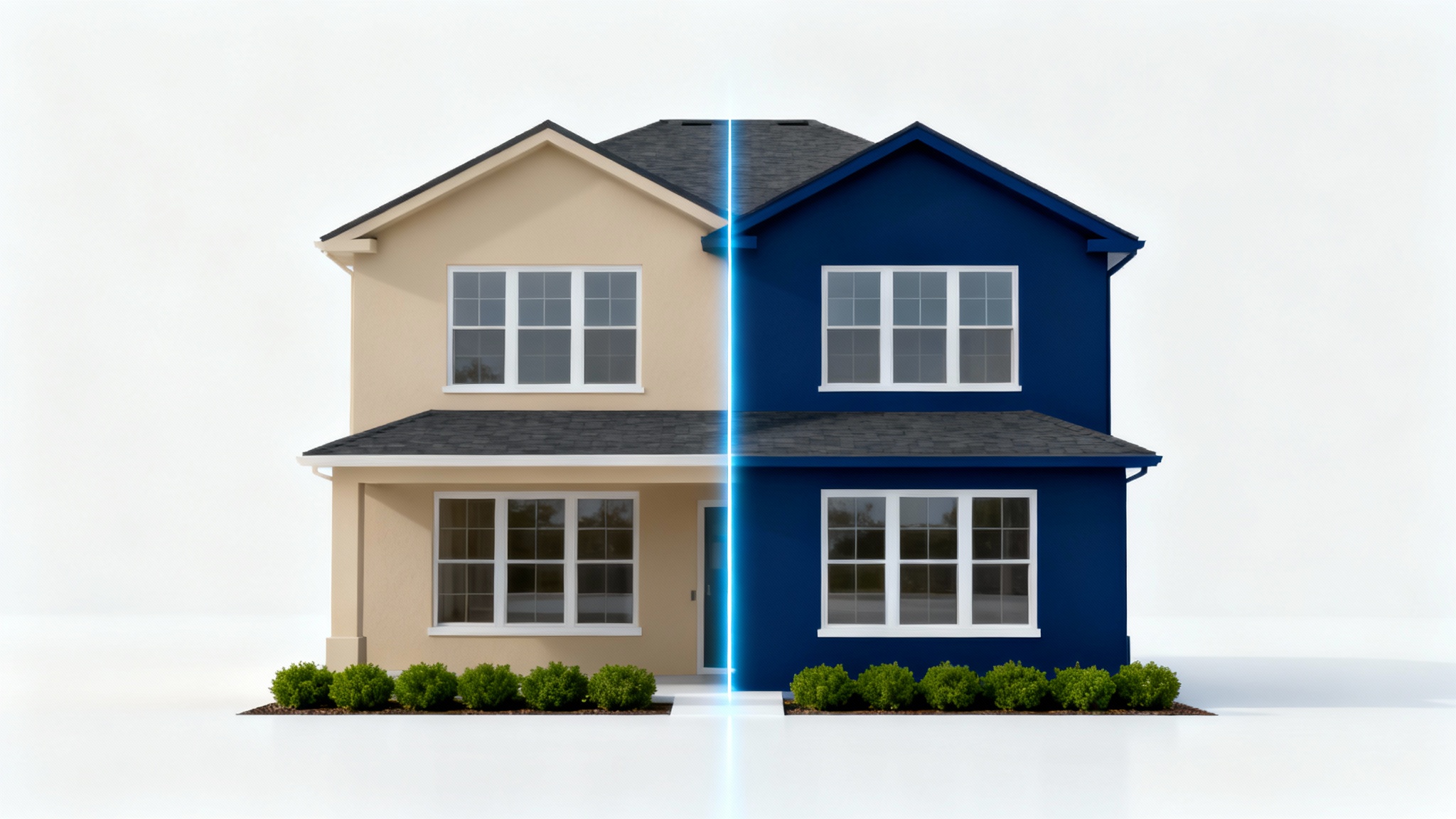A photorealistic mockup of a modern house, split down the middle to show two different exterior paint colors, beige on one side and navy blue on the other, representing an exterior paint visualizer.