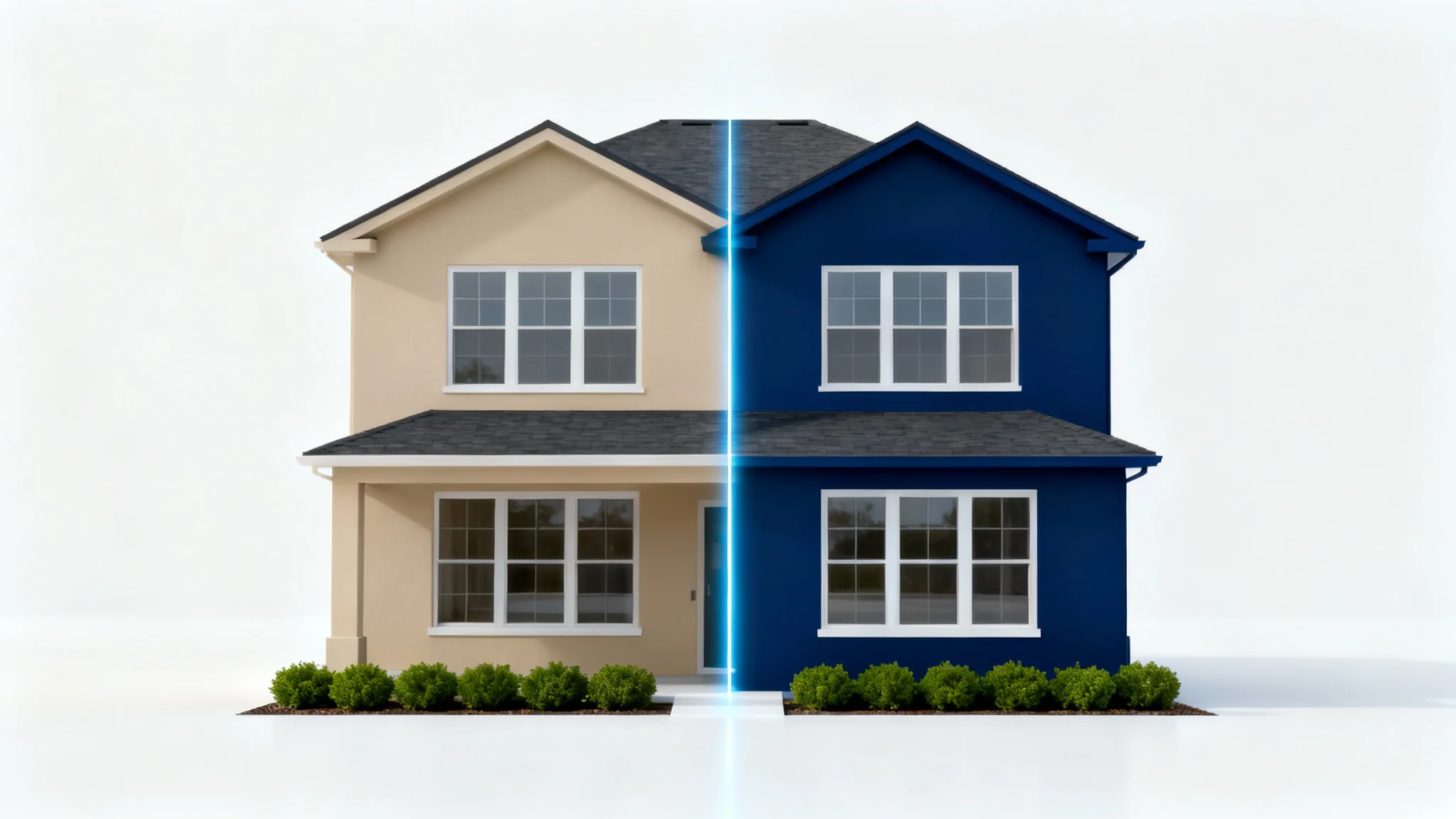 A photorealistic mockup of a modern house, split down the middle to show two different exterior paint colors, beige on one side and navy blue on the other, representing an exterior paint visualizer.