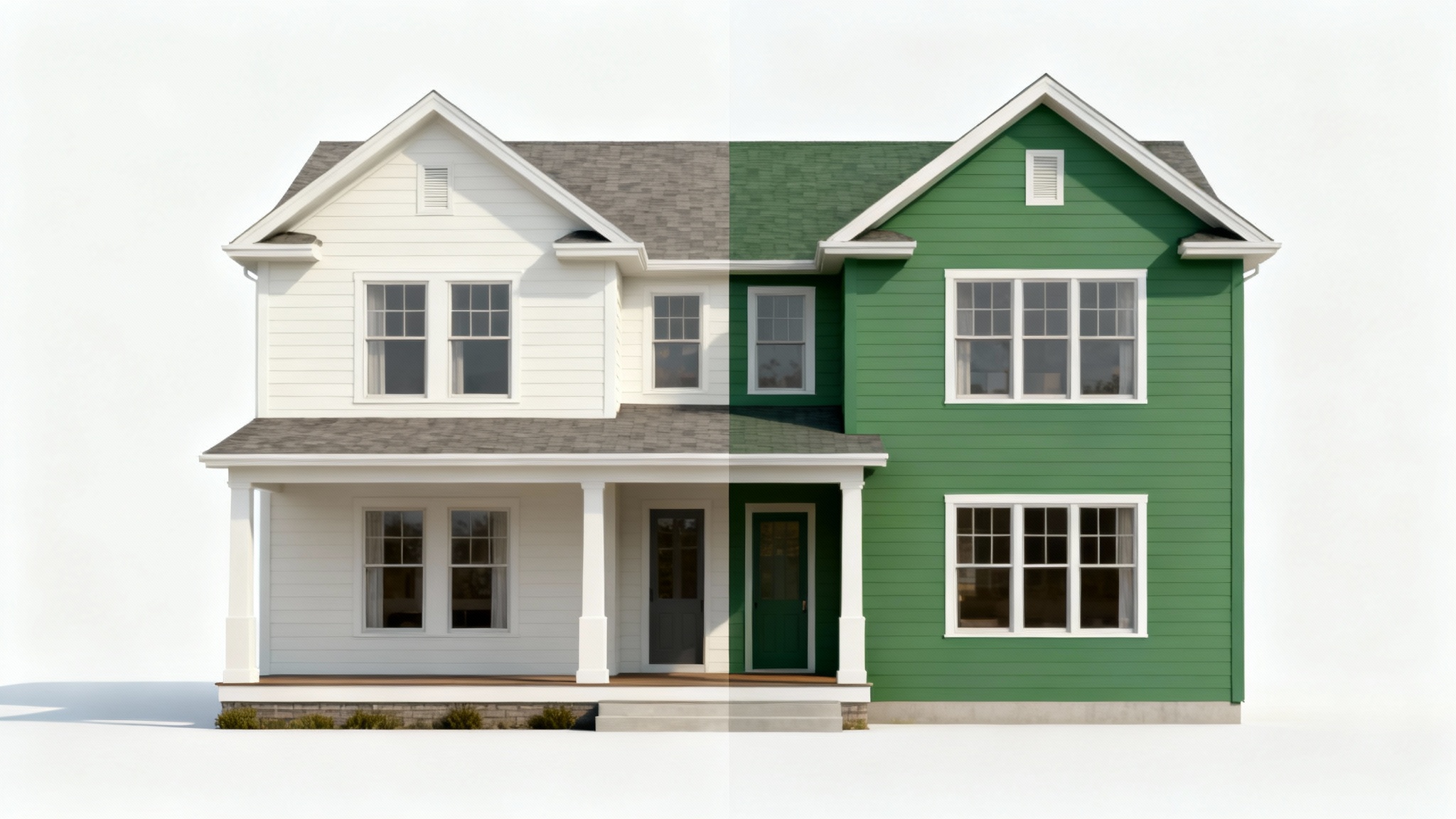 A modern house perfectly split into two different exterior paint colors, with one side being off-white and the other sage green, representing an exterior paint visualizer.