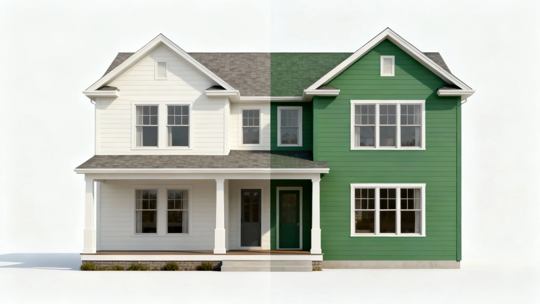A modern house perfectly split into two different exterior paint colors, with one side being off-white and the other sage green, representing an exterior paint visualizer.