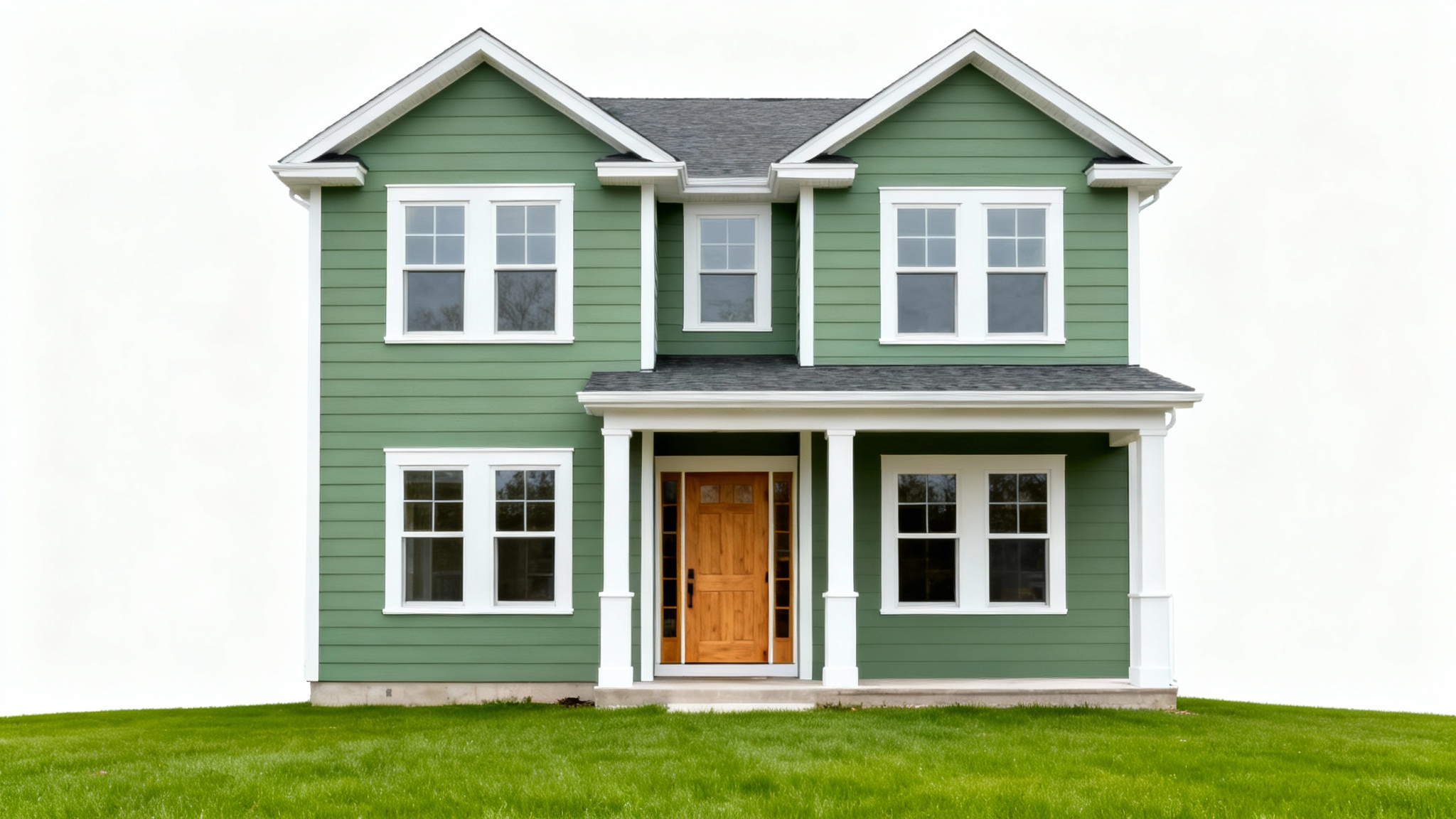 A photorealistic mockup of a modern house visualized with a new sage green exterior paint color and white trim, set against a clean white background.