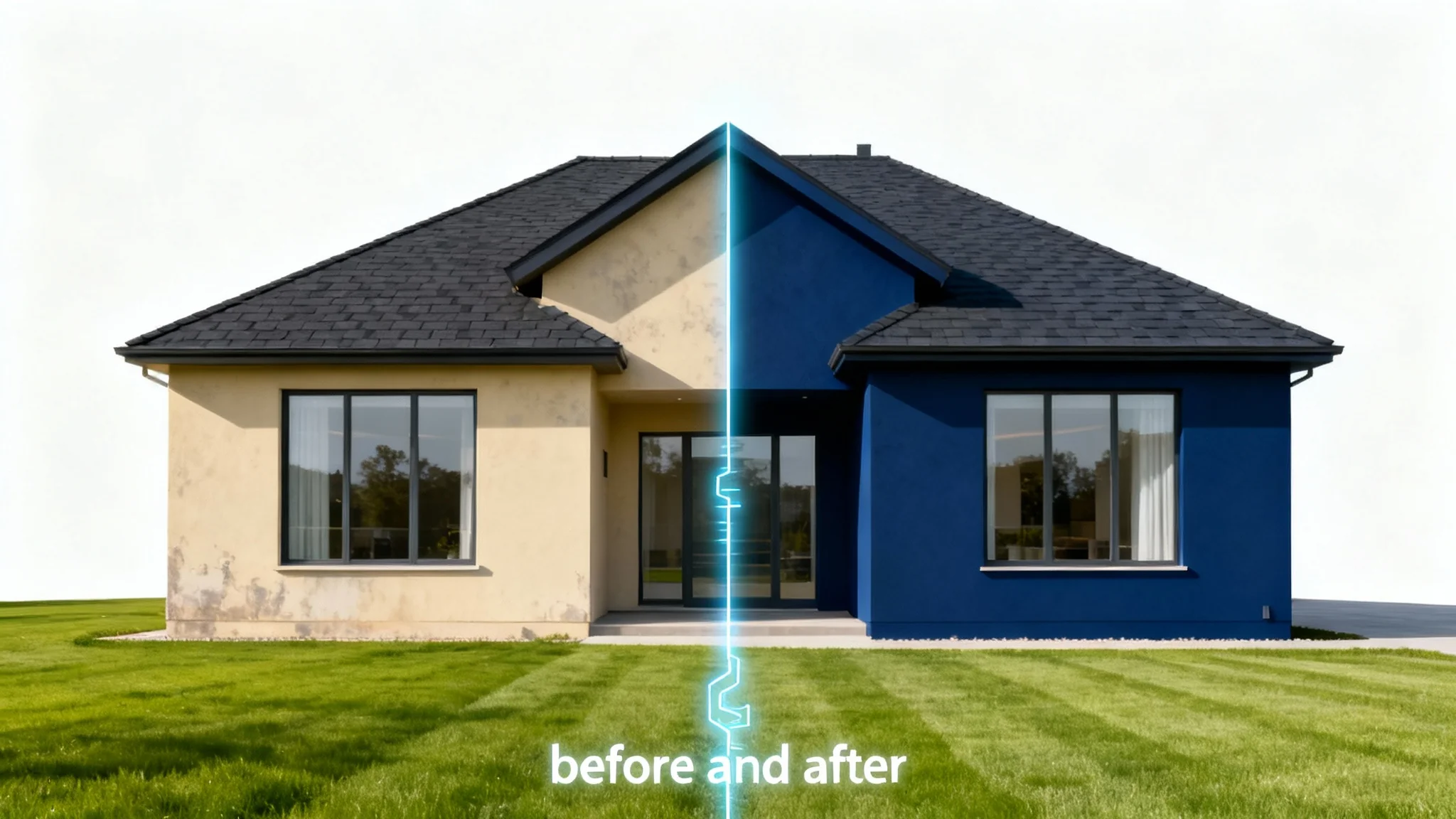 A modern house split in two, with one side painted a dull beige and the other a vibrant navy blue, visualizing the effect of new exterior paint.
