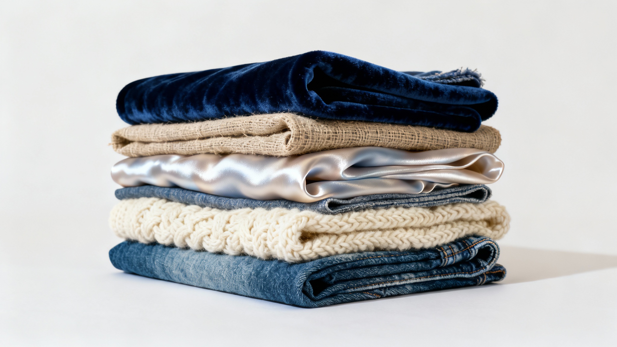 A neatly stacked pile of folded fabric swatches in various colors and textures, including velvet, linen, and wool, shown against a clean white background, representing a fabric texture generator.