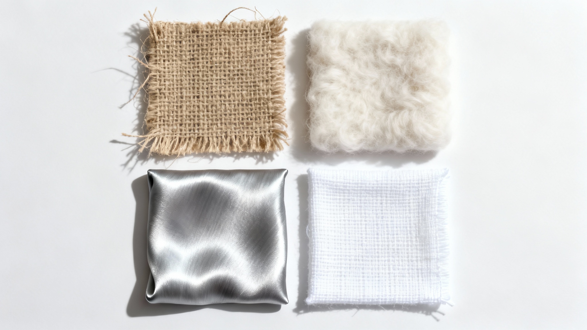 A close-up, top-down view of four different fabric swatches (linen, wool, silk, cotton) in neutral colors, arranged neatly on a white background to highlight their distinct textures.
