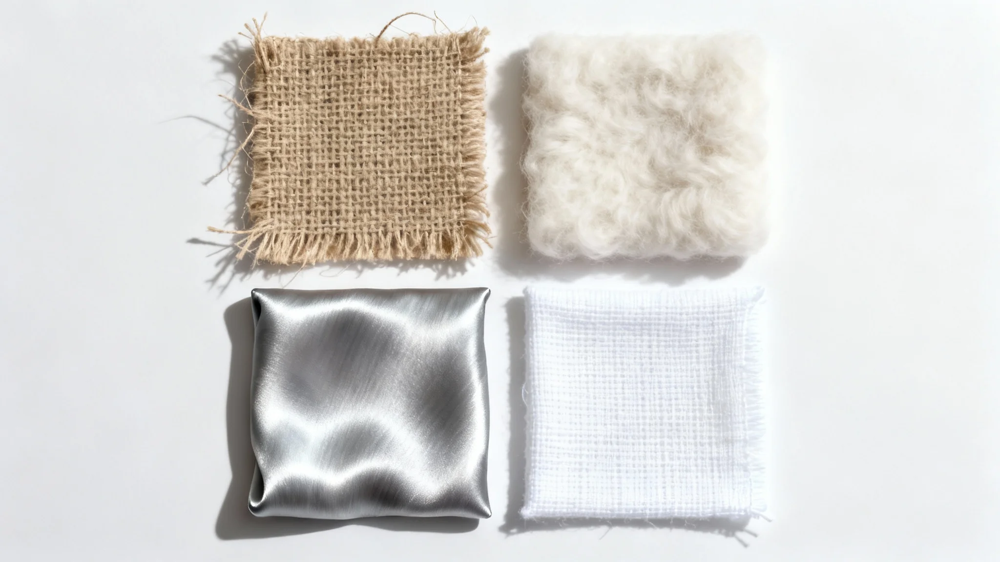 A close-up, top-down view of four different fabric swatches (linen, wool, silk, cotton) in neutral colors, arranged neatly on a white background to highlight their distinct textures.