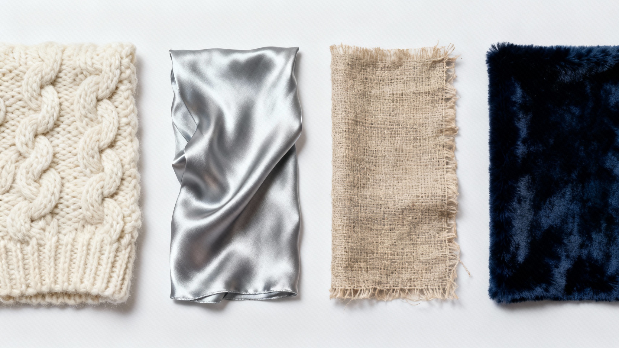 A detailed mockup showcasing four different fabric textures side-by-side on a white background: cream wool, silver silk, beige linen, and navy velvet.