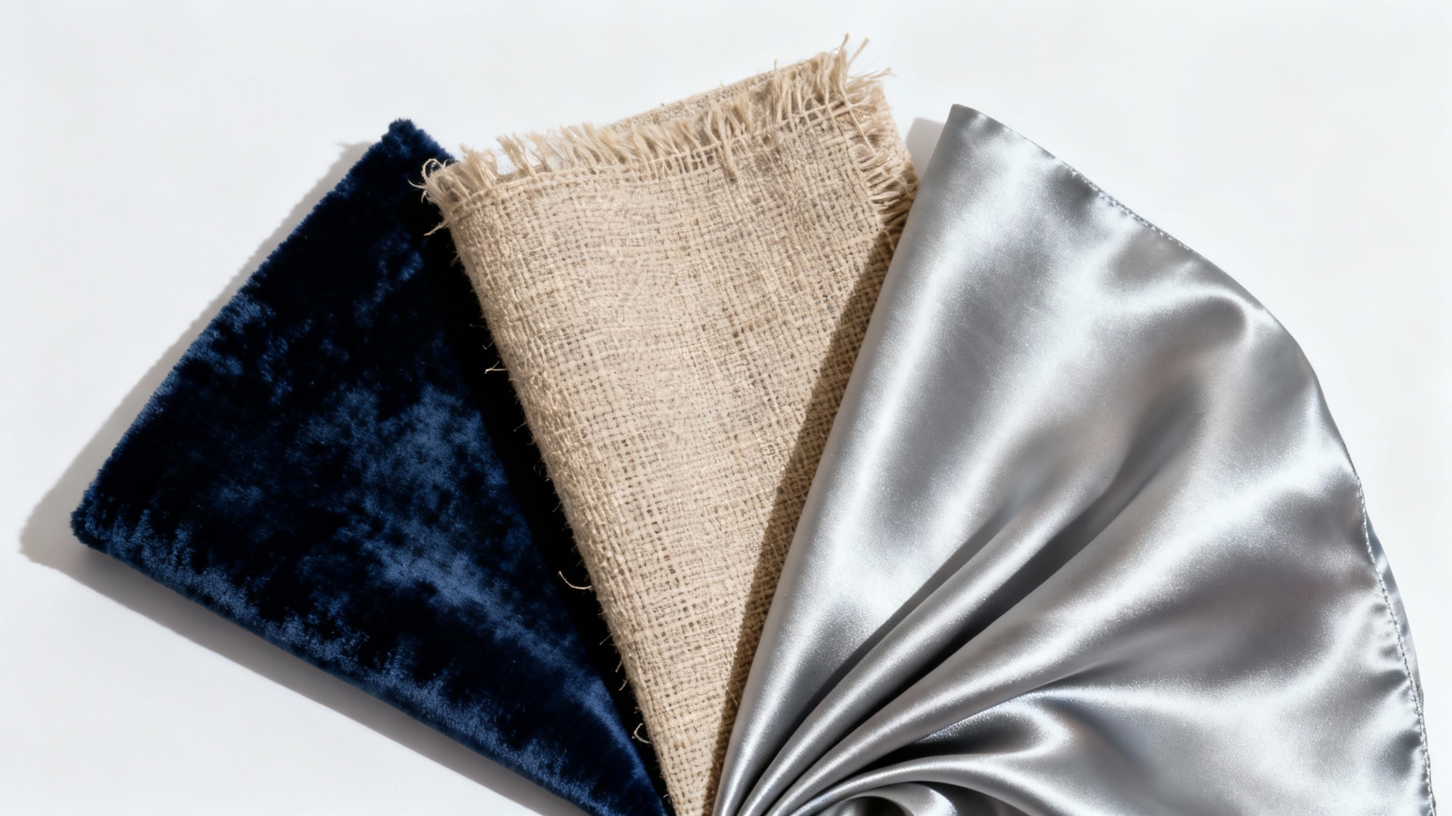 A hyper-realistic close-up of three overlapping fabric swatches—navy velvet, beige linen, and silver silk—arranged on a white background, highlighting their distinct textures.