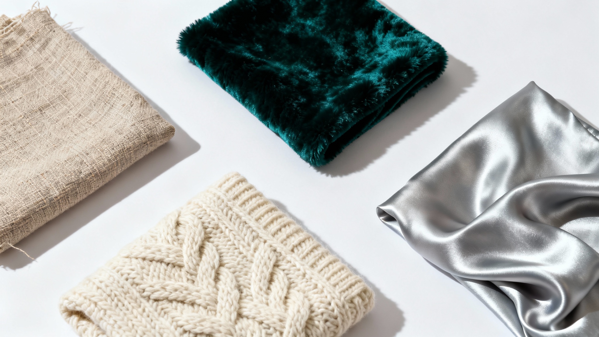 A hyper-detailed flat lay of four different fabric swatches on a white background, showcasing the distinct textures of linen, velvet, wool knit, and silk.