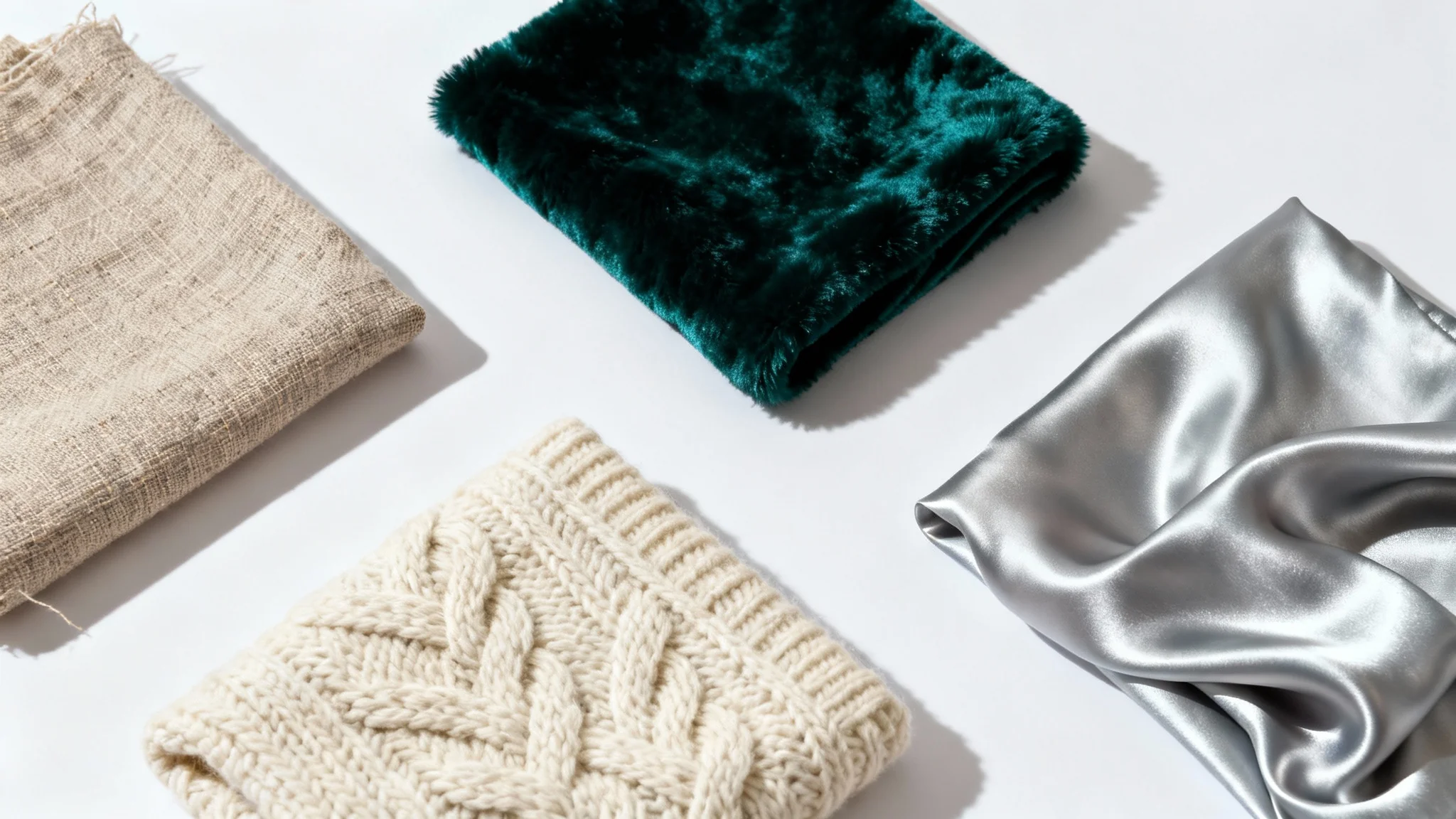 A hyper-detailed flat lay of four different fabric swatches on a white background, showcasing the distinct textures of linen, velvet, wool knit, and silk.
