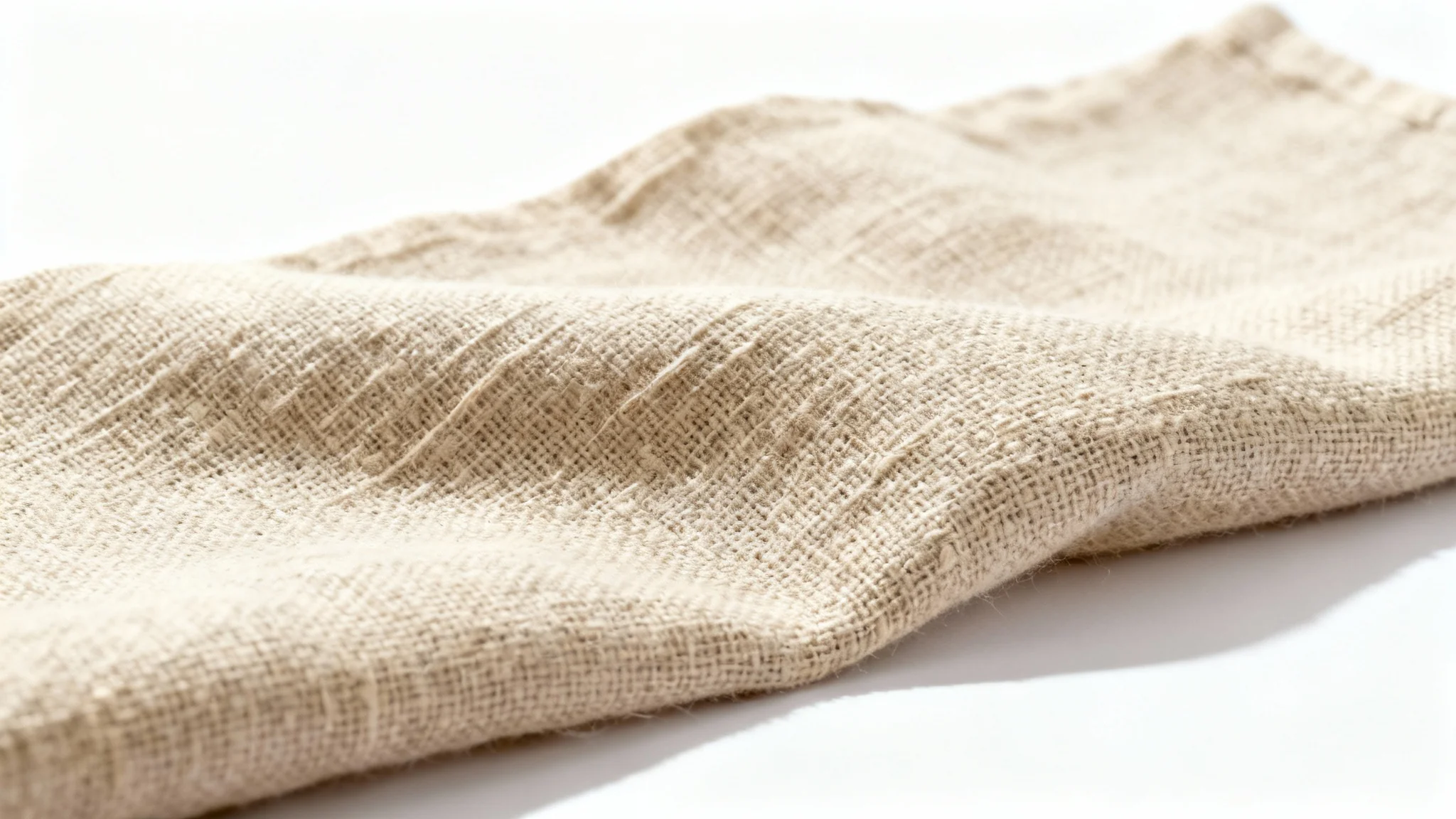 A detailed macro photograph of a natural, oatmeal-colored linen fabric, emphasizing its woven texture against a stark white background.