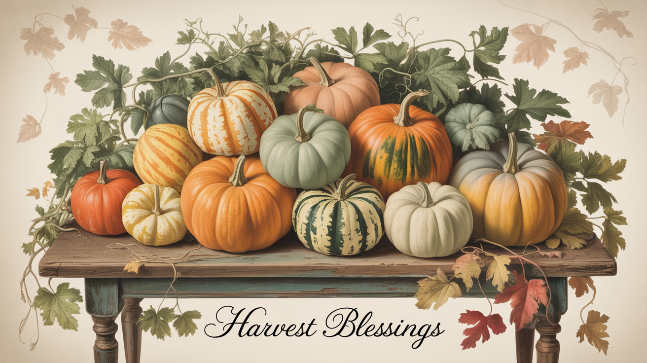 A finished vintage-style illustration showing a collection of pumpkins in muted autumn colors on a wooden table, with faded leaves in the background. The text 'Harvest Blessings' is written below in an elegant script.