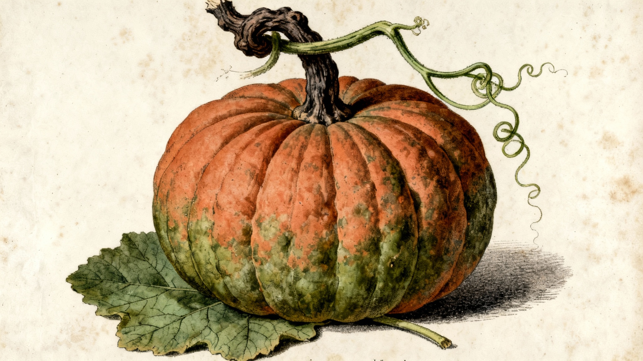 A vintage botanical illustration of a single, deeply ribbed heirloom pumpkin in dusty terracotta and green hues, set against an off-white background.