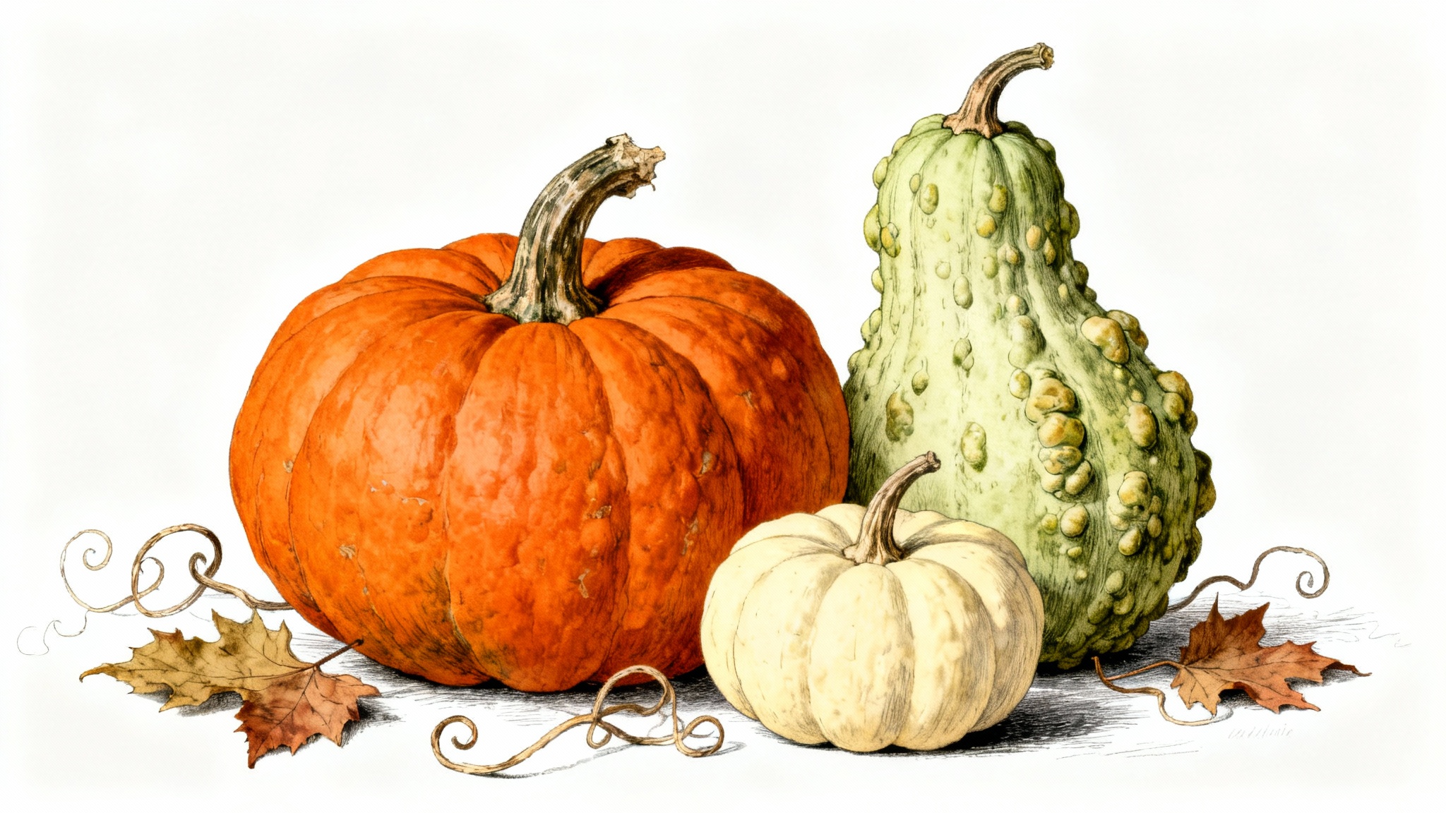 A vintage-style botanical illustration of three different heirloom pumpkins and gourds in orange, green, and white, isolated on a plain white background.