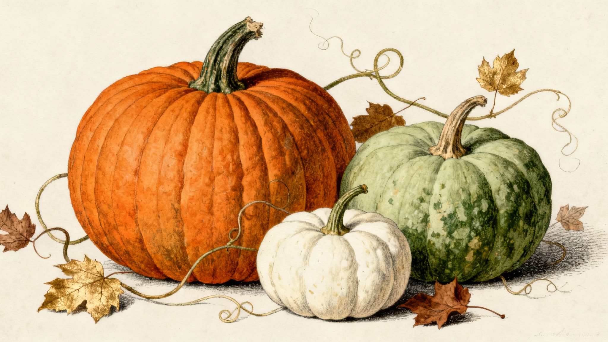 A vintage-style botanical illustration of various heirloom pumpkins with vines and leaves, set against a clean white background.