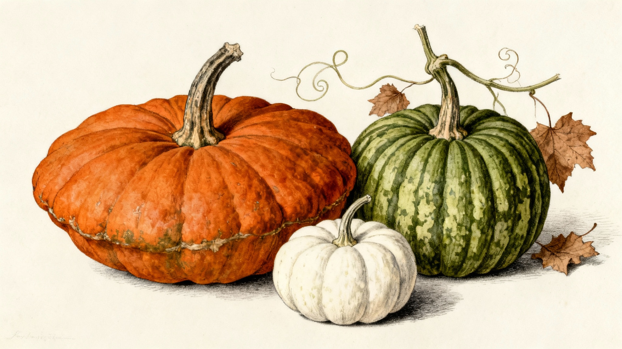 A vintage-style botanical illustration featuring a variety of colorful heirloom pumpkins with attached vines and leaves, set against a clean white background.