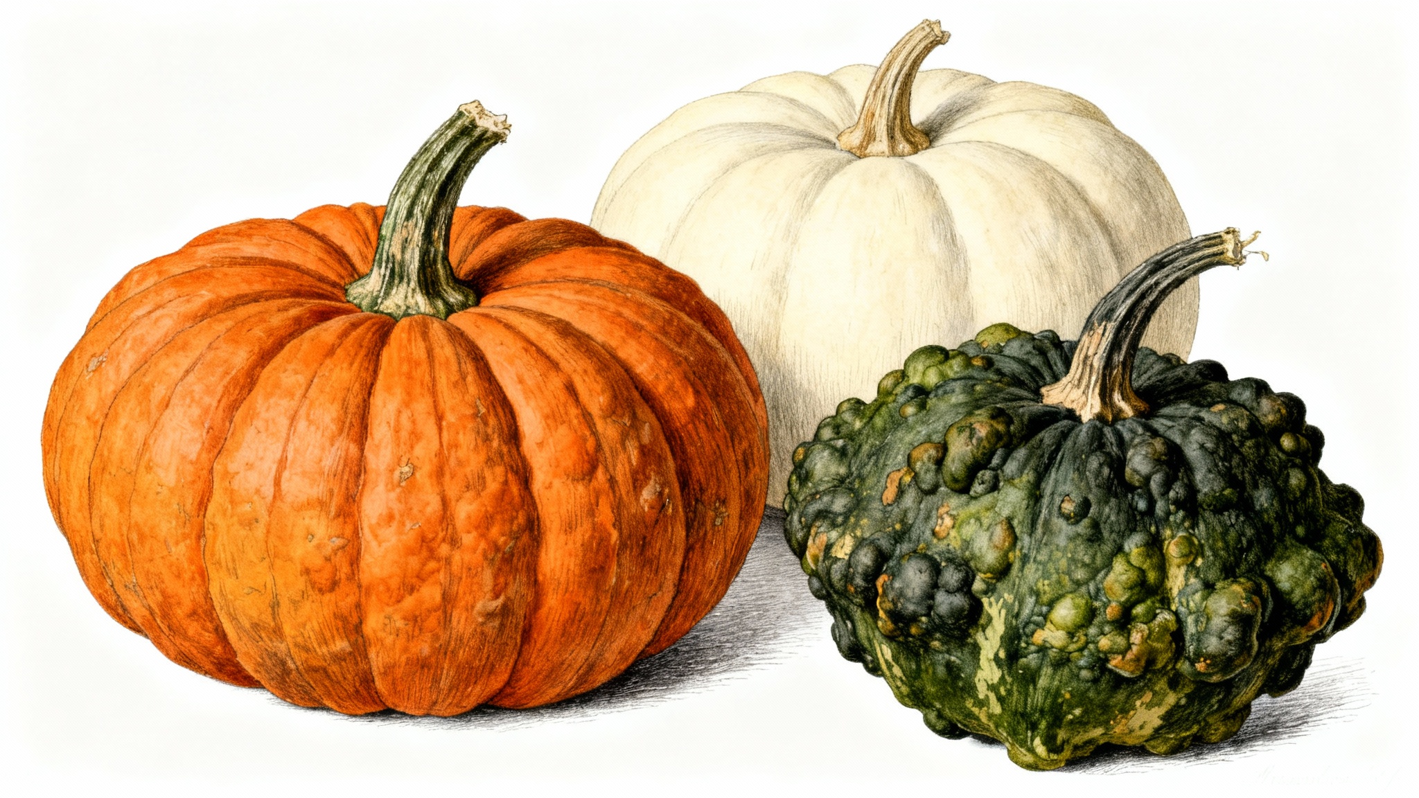A vintage botanical illustration of three different heirloom pumpkins in orange, white, and green, rendered in a detailed pen-and-ink and watercolor style on a clean white background.