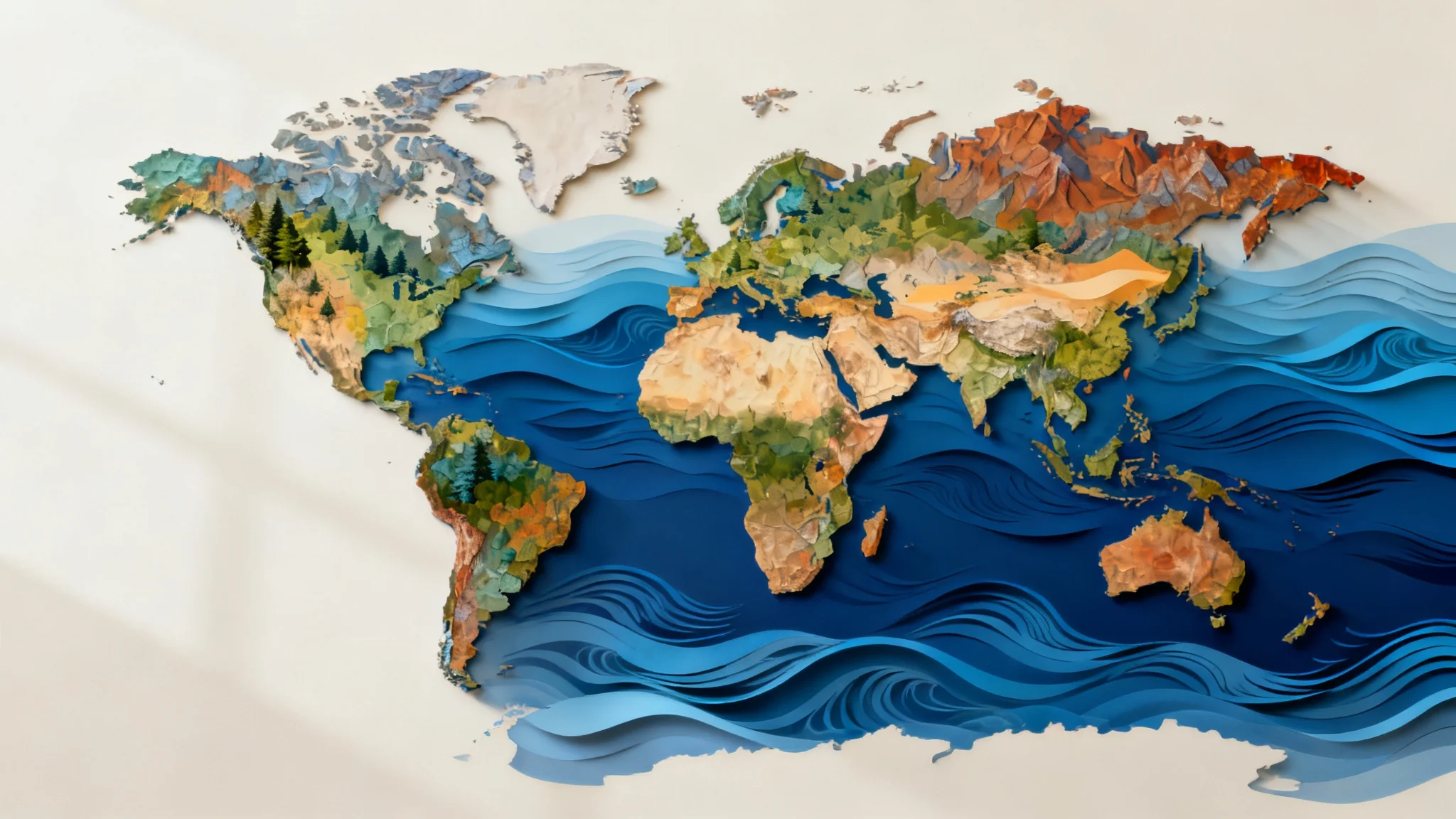 A beautifully designed and colorful world map, displayed as a final product against a clean background, highlighting its intricate details and modern artistic style.