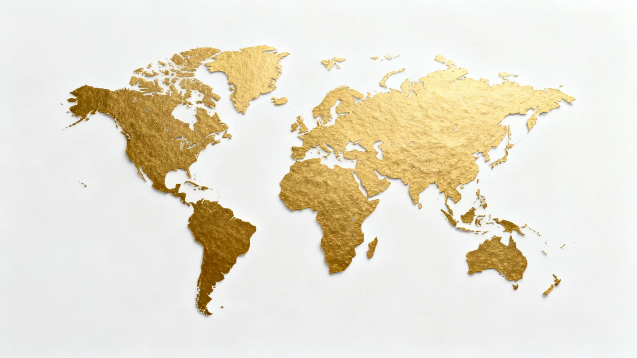 An elegant, minimalist world map with gold foil continents set against a clean white background, representing a high-quality map design.