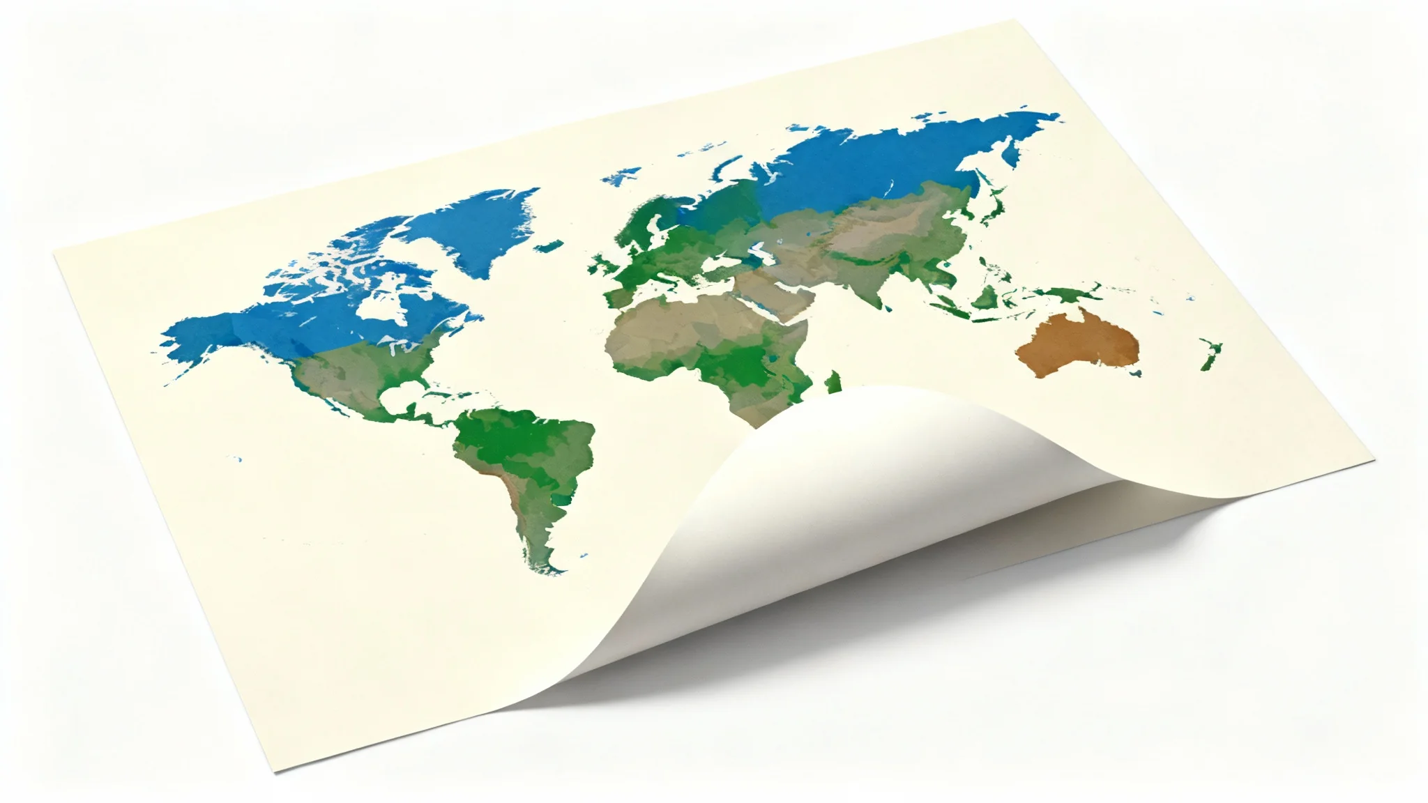 A modern, minimalist world map poster in soft blues and earth tones, laid flat on a white background with one corner slightly curled.
