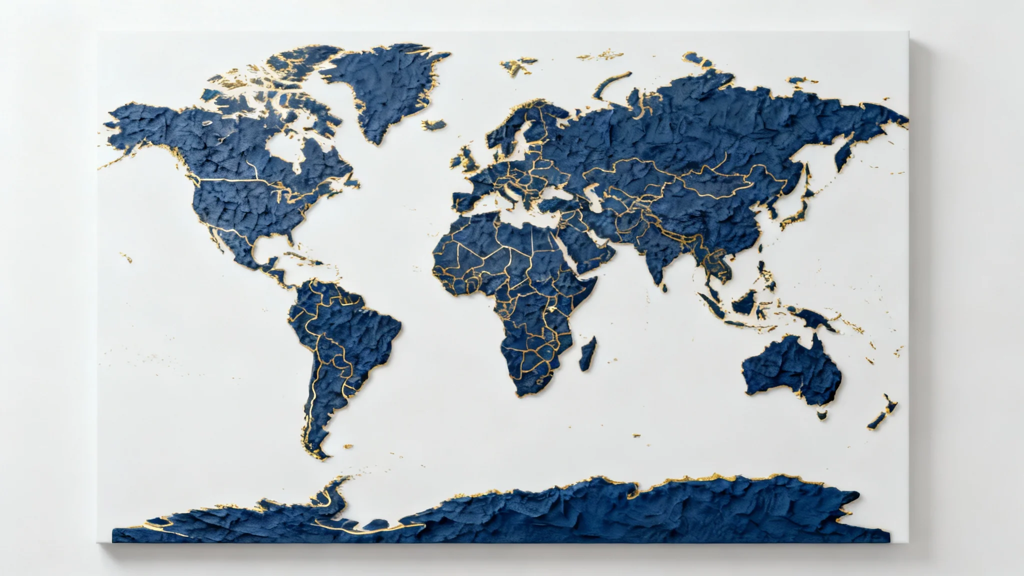 A modern and elegant mockup of a world map with navy blue continents and fine gold line details, viewed from above on a white background.