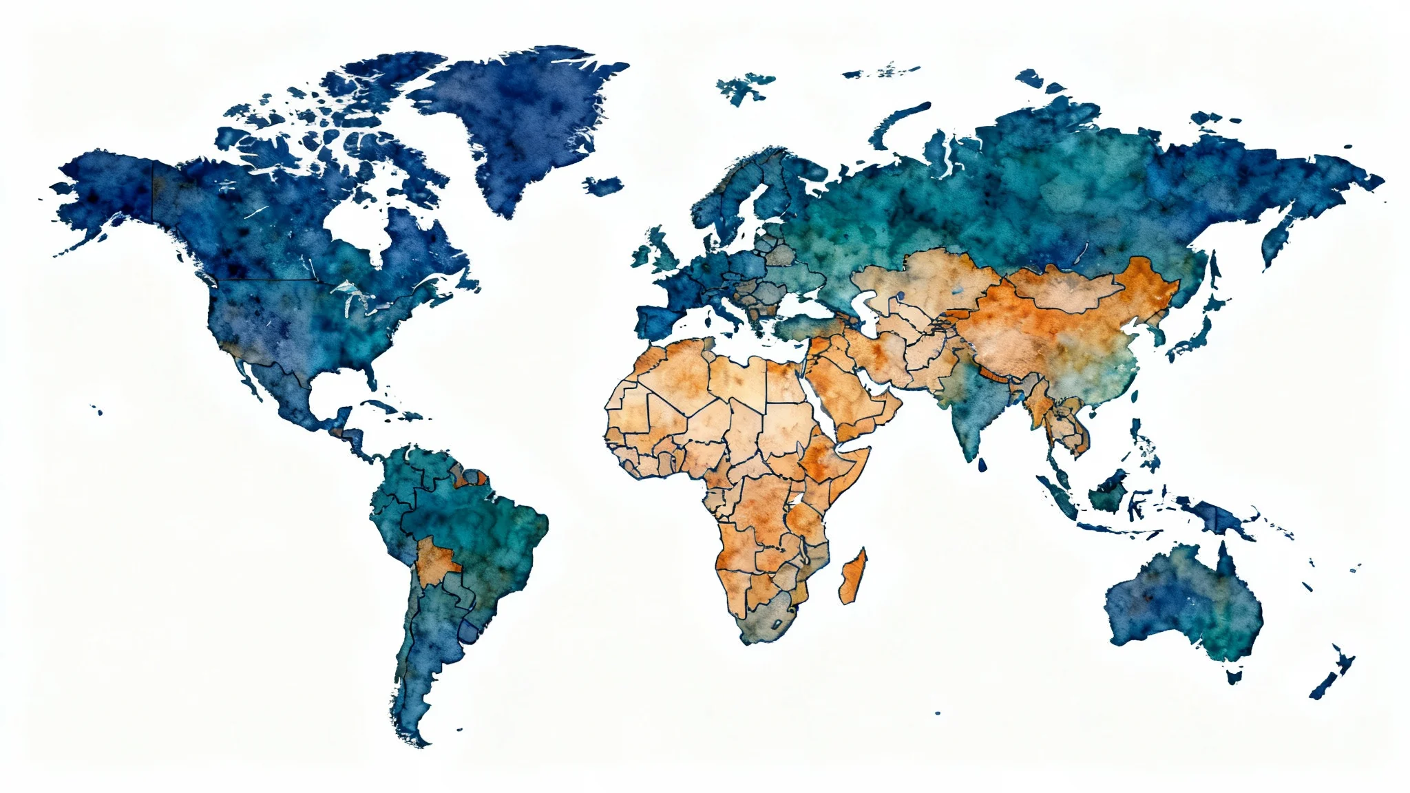 A modern and artistic world map with continents filled with a vibrant watercolor texture, isolated on a clean white background.