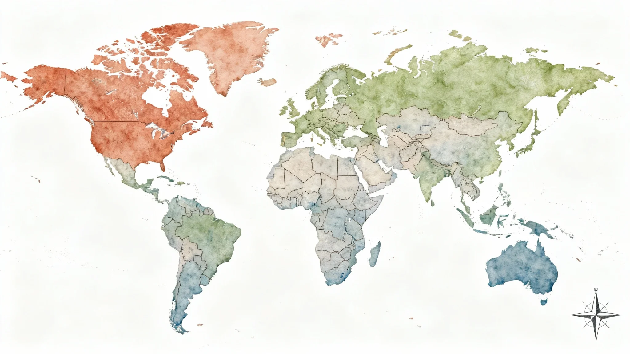 A modern and artistic world map with continents in muted earth tones, displayed flat against a clean white background in a top-down view.