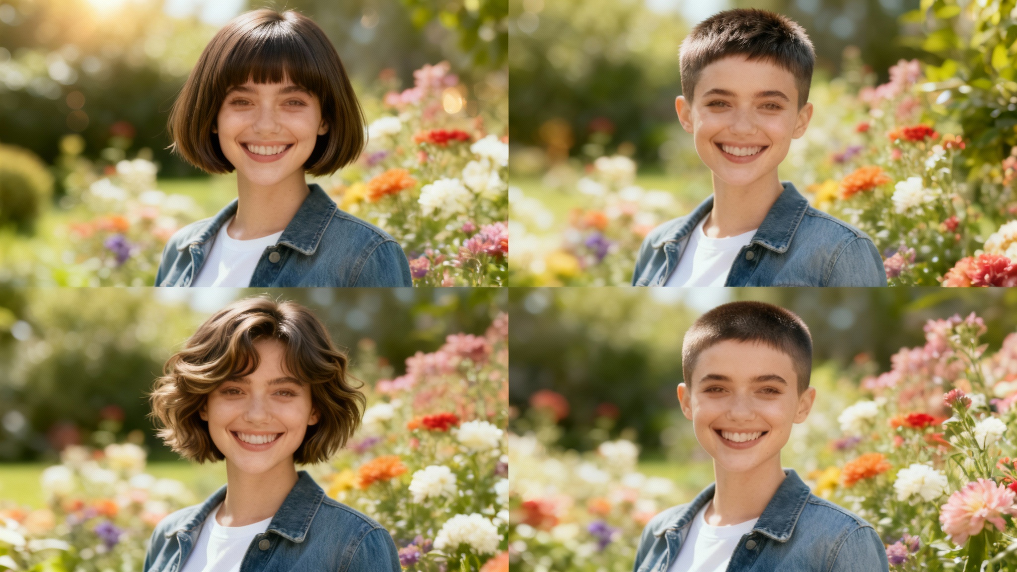A 16:9 collage showing the results of a short hair simulator. A young woman is shown in four panels, each with a different short hairstyle: a chic bob, a pixie cut, a wavy bob, and an undercut pixie. She is smiling and wears a denim jacket against a blurry garden background.