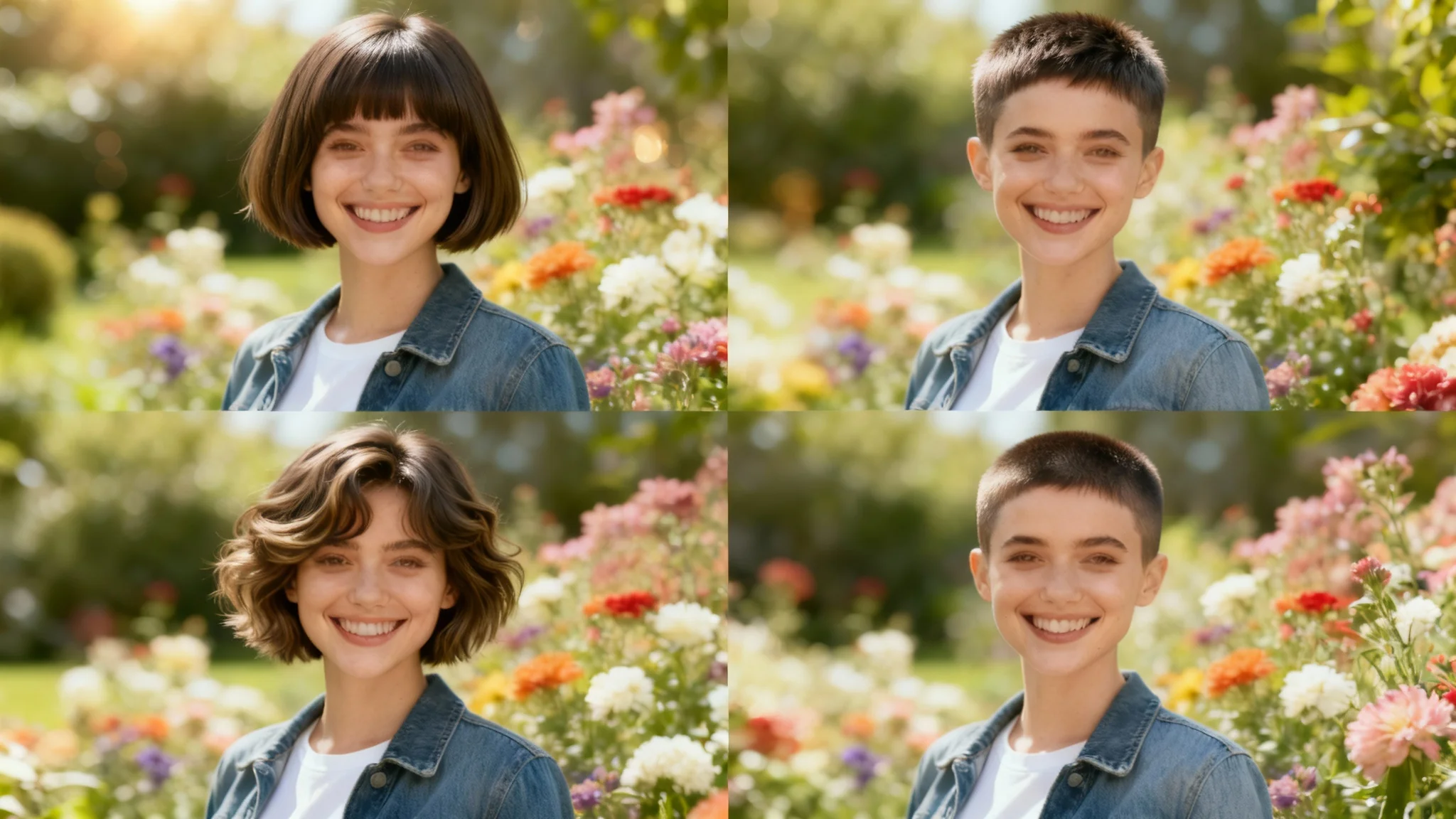 A 16:9 collage showing the results of a short hair simulator. A young woman is shown in four panels, each with a different short hairstyle: a chic bob, a pixie cut, a wavy bob, and an undercut pixie. She is smiling and wears a denim jacket against a blurry garden background.