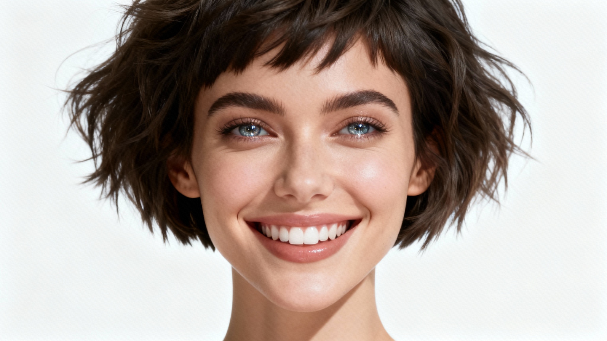 A beautiful woman with a stylish pixie cut smiles confidently, showcasing a potential result from a short hair simulator, set against a clean white background.