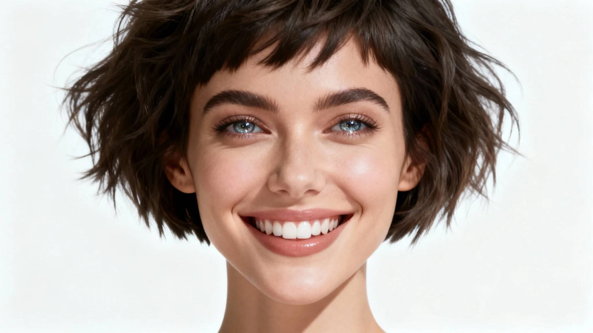 A beautiful woman with a stylish pixie cut smiles confidently, showcasing a potential result from a short hair simulator, set against a clean white background.