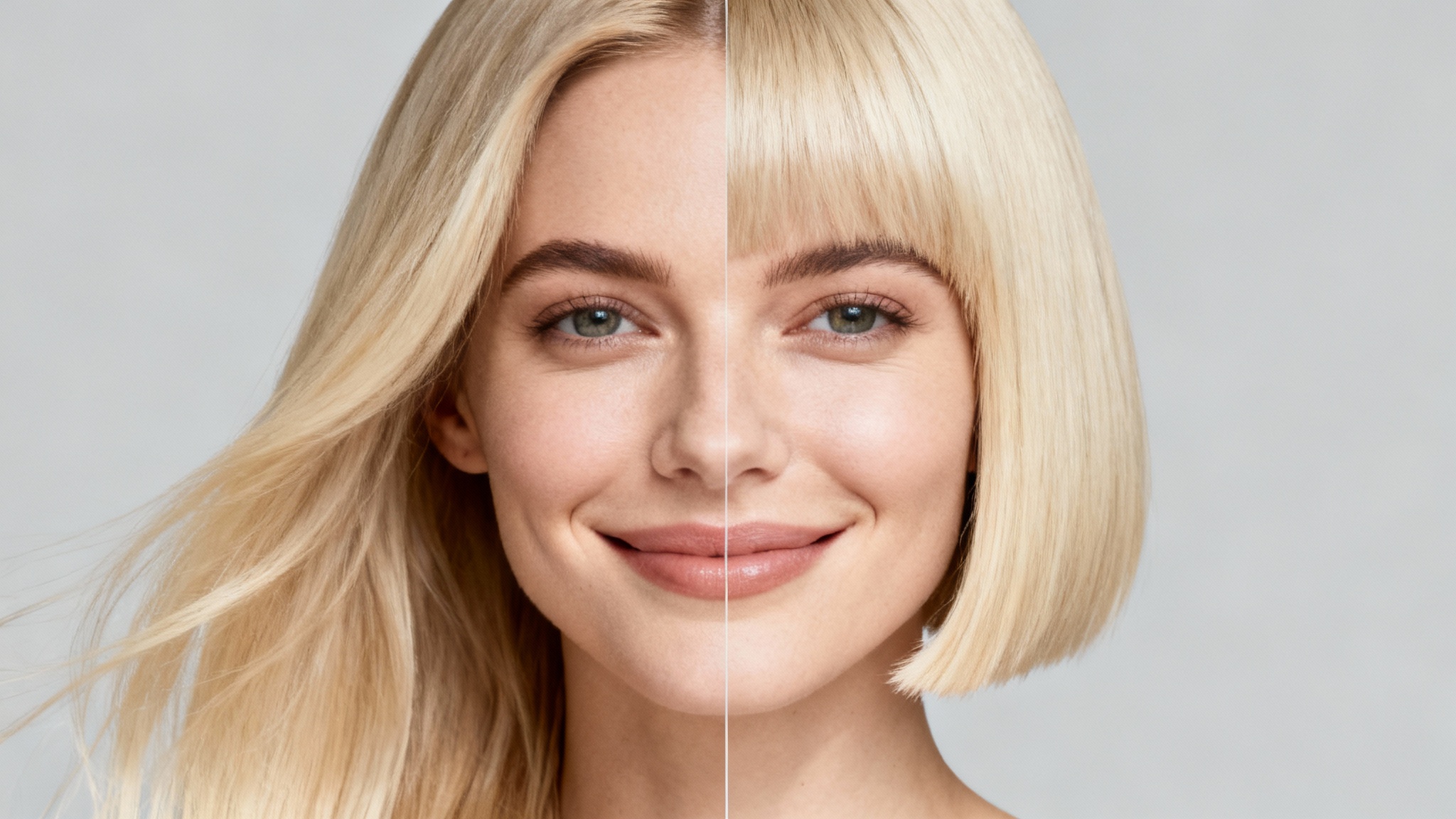 A conceptual portrait showing a hairstyle change. The left side of the woman's face has long blonde hair, while the right side has a short blonde bob, simulating a haircut.