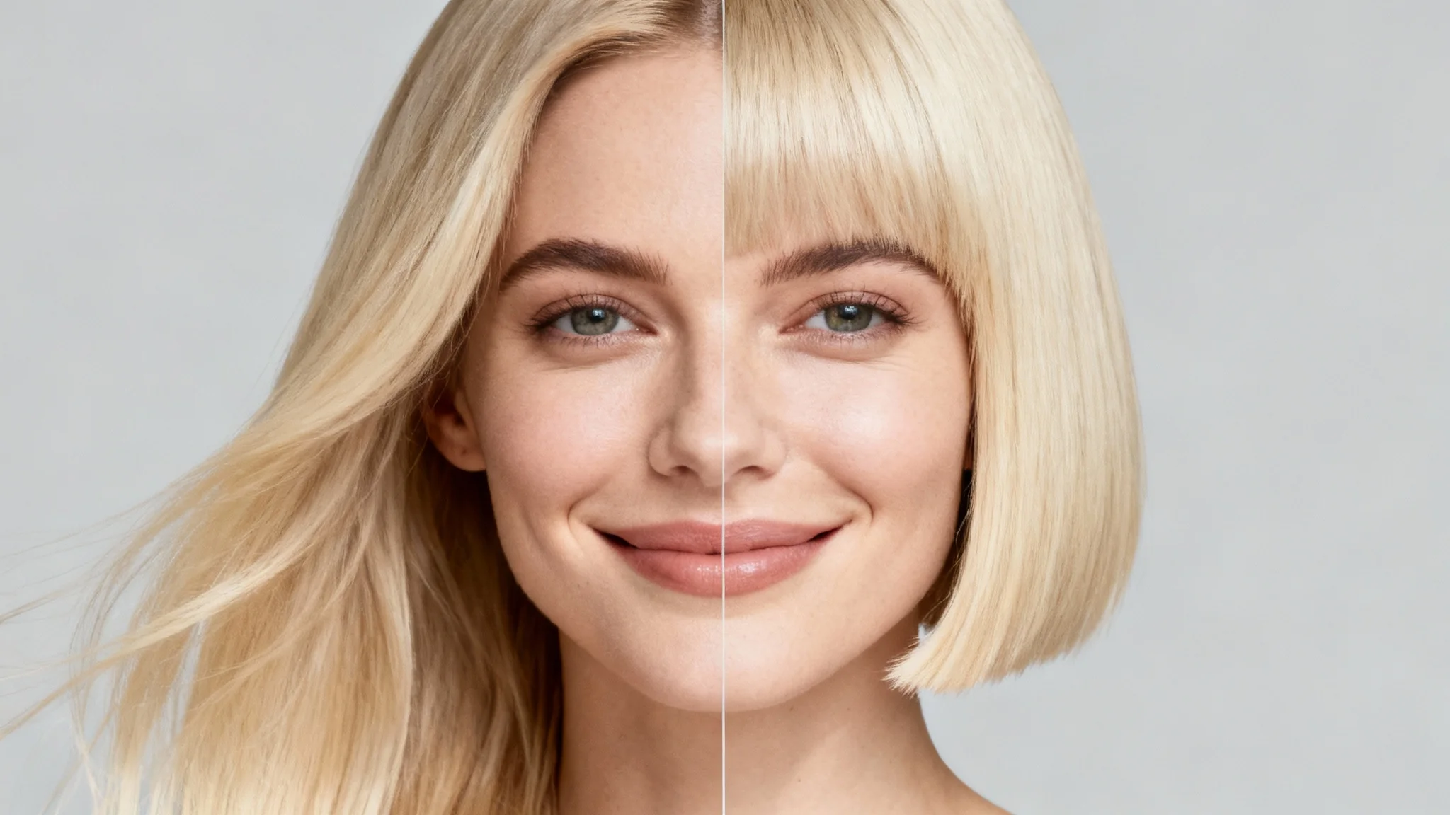A conceptual portrait showing a hairstyle change. The left side of the woman's face has long blonde hair, while the right side has a short blonde bob, simulating a haircut.