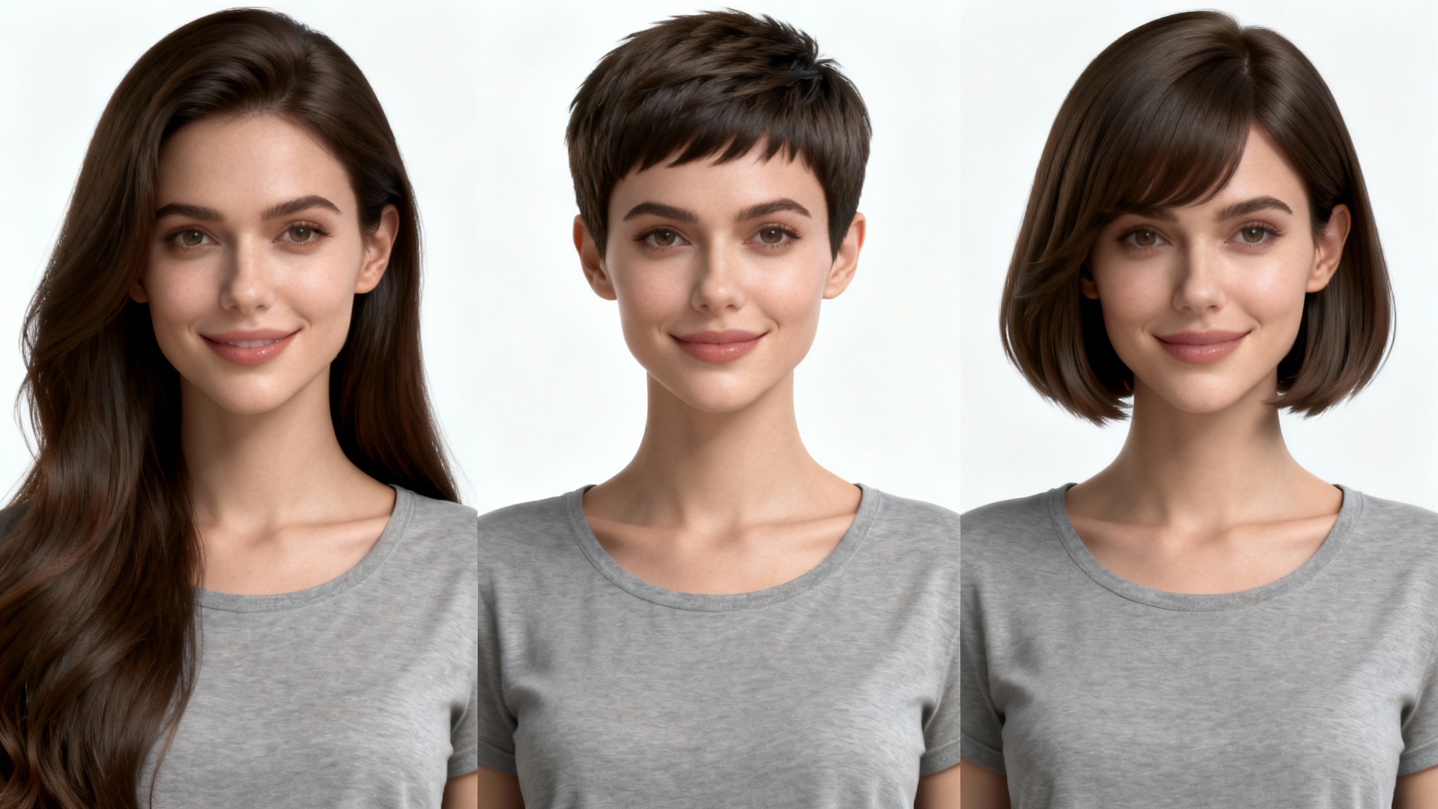 A composite image showing a woman with three different hairstyles to demonstrate a short hair simulator: long hair, a pixie cut, and a bob, all against a clean white background.